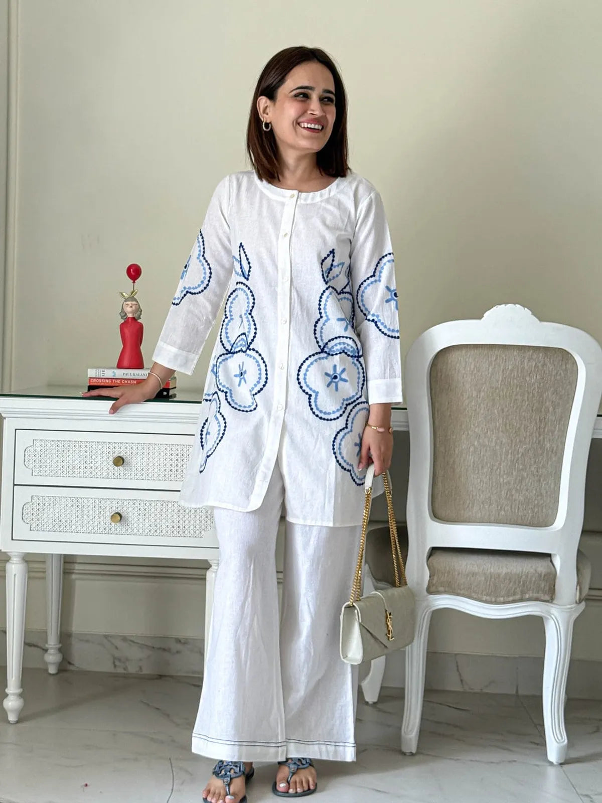 White Cotton Embroidered Co-ord Set