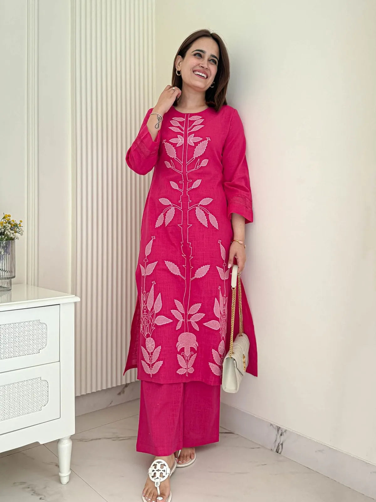 Fuchsia Pink Cotton Embroidered Kurta & Pant Set