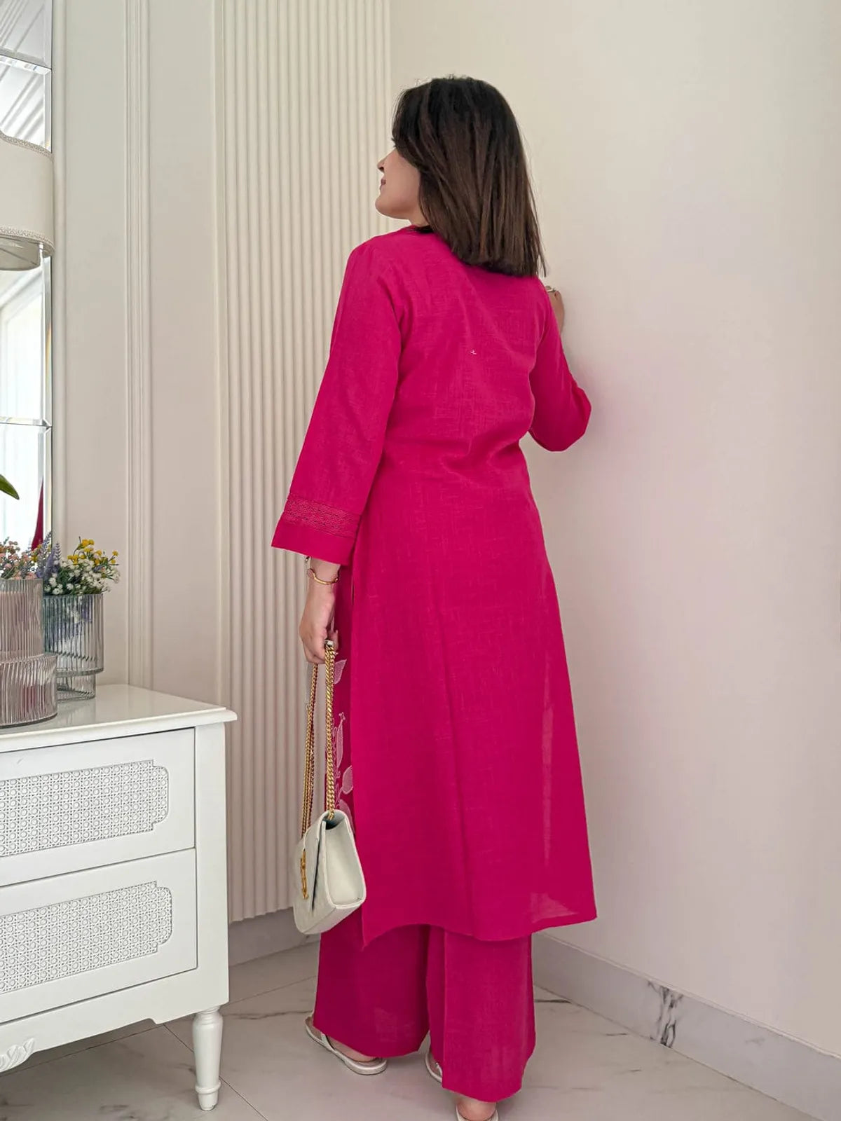 Fuchsia Pink Cotton Embroidered Kurta & Pant Set