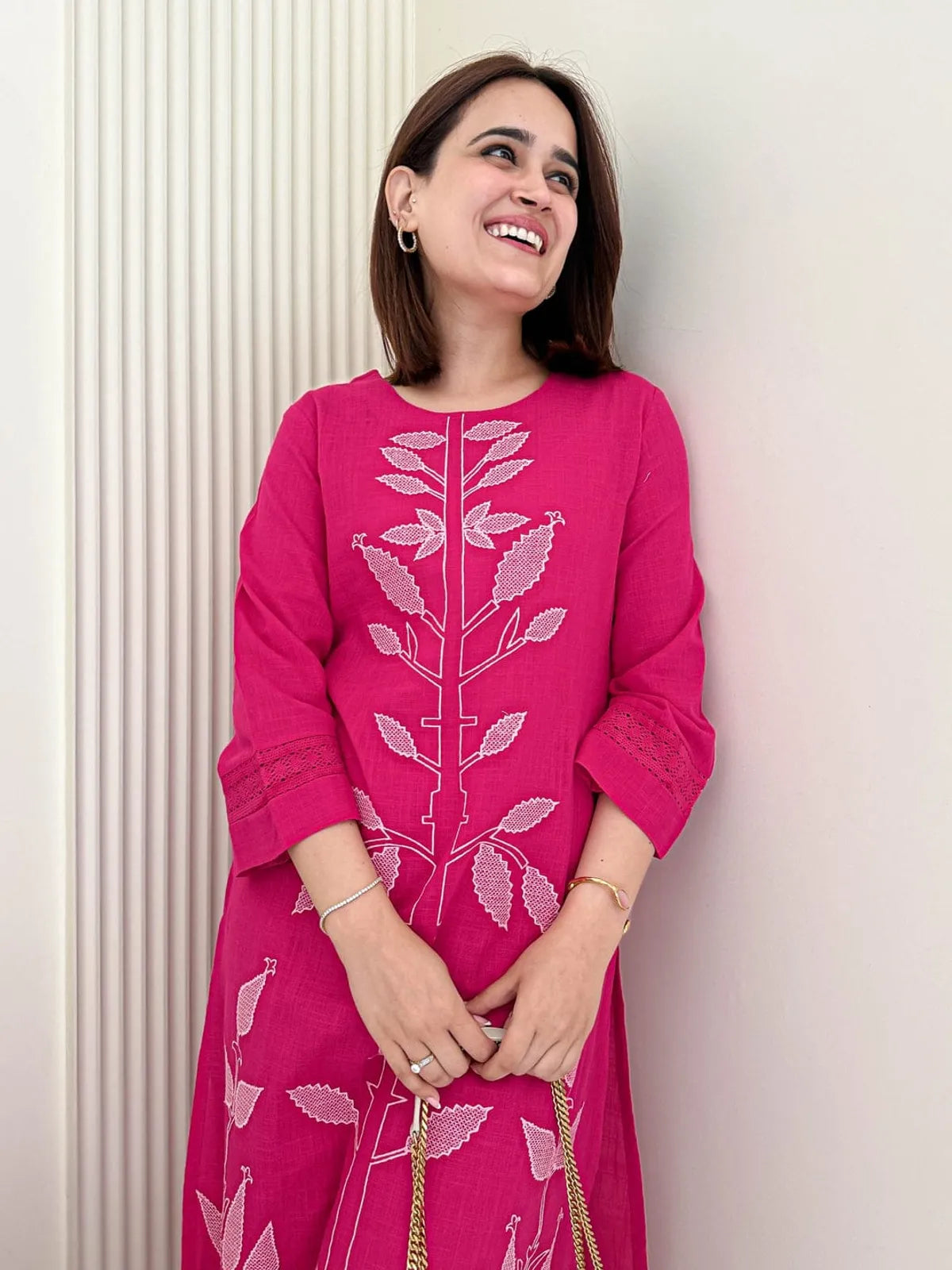 Fuchsia Pink Cotton Embroidered Kurta & Pant Set