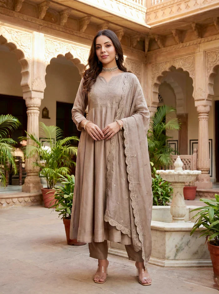 Elegant Taupe Embroidered Kurta Set with Dupatta for Women
