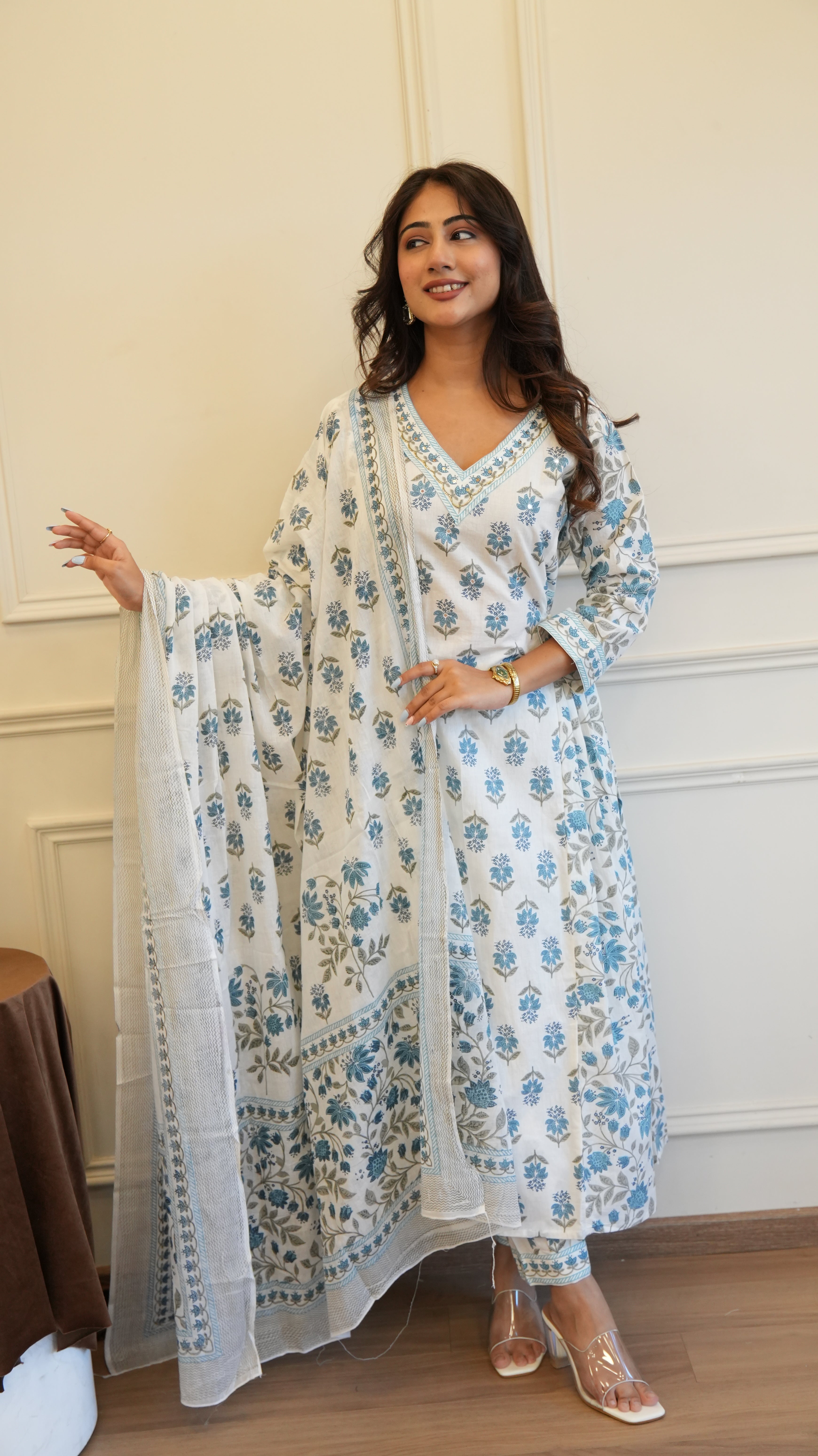 Blue White Cotton Afghani Kurti With Pant & Dupatta Set