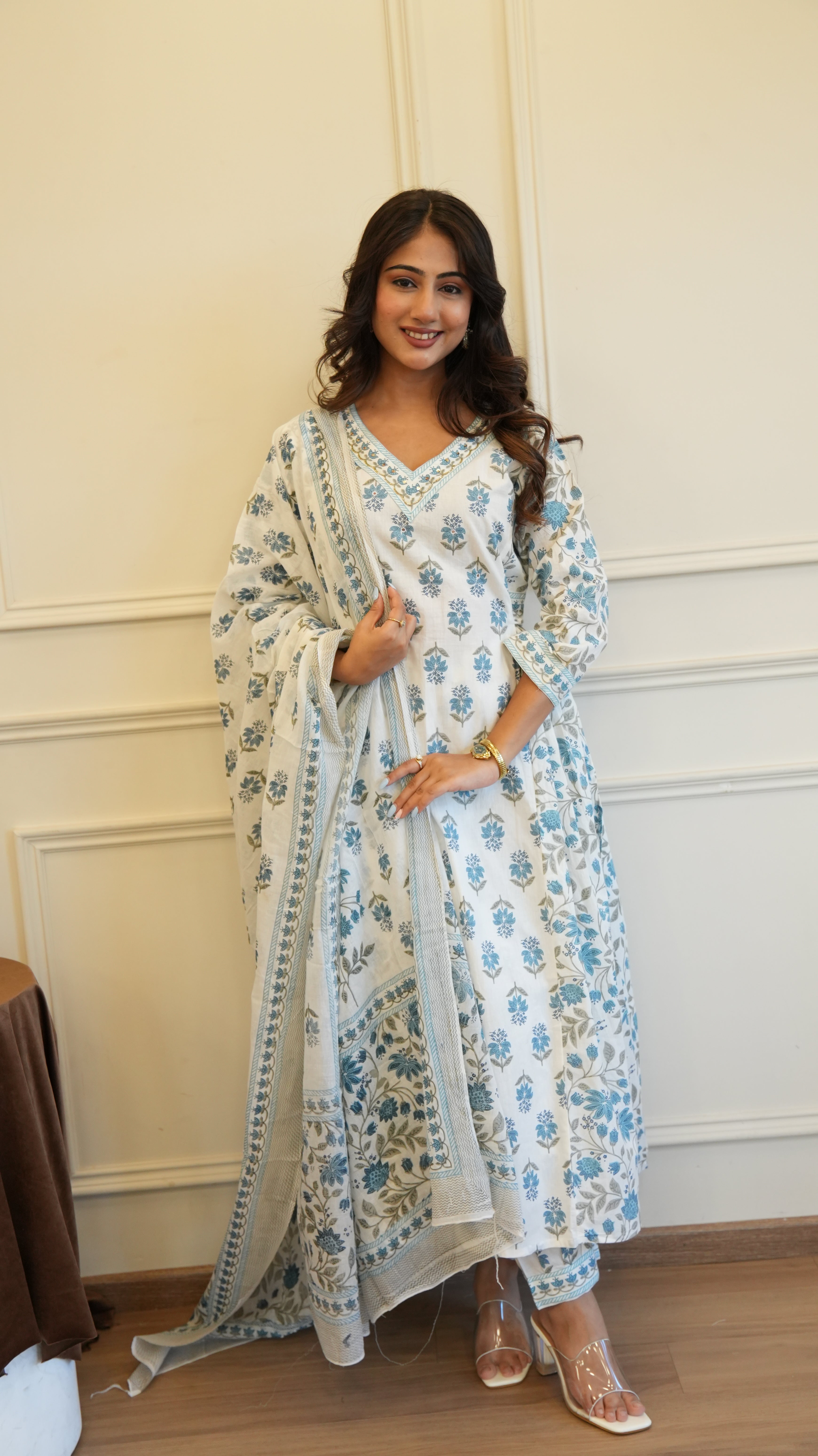 Blue White Cotton Afghani Kurti With Pant & Dupatta Set