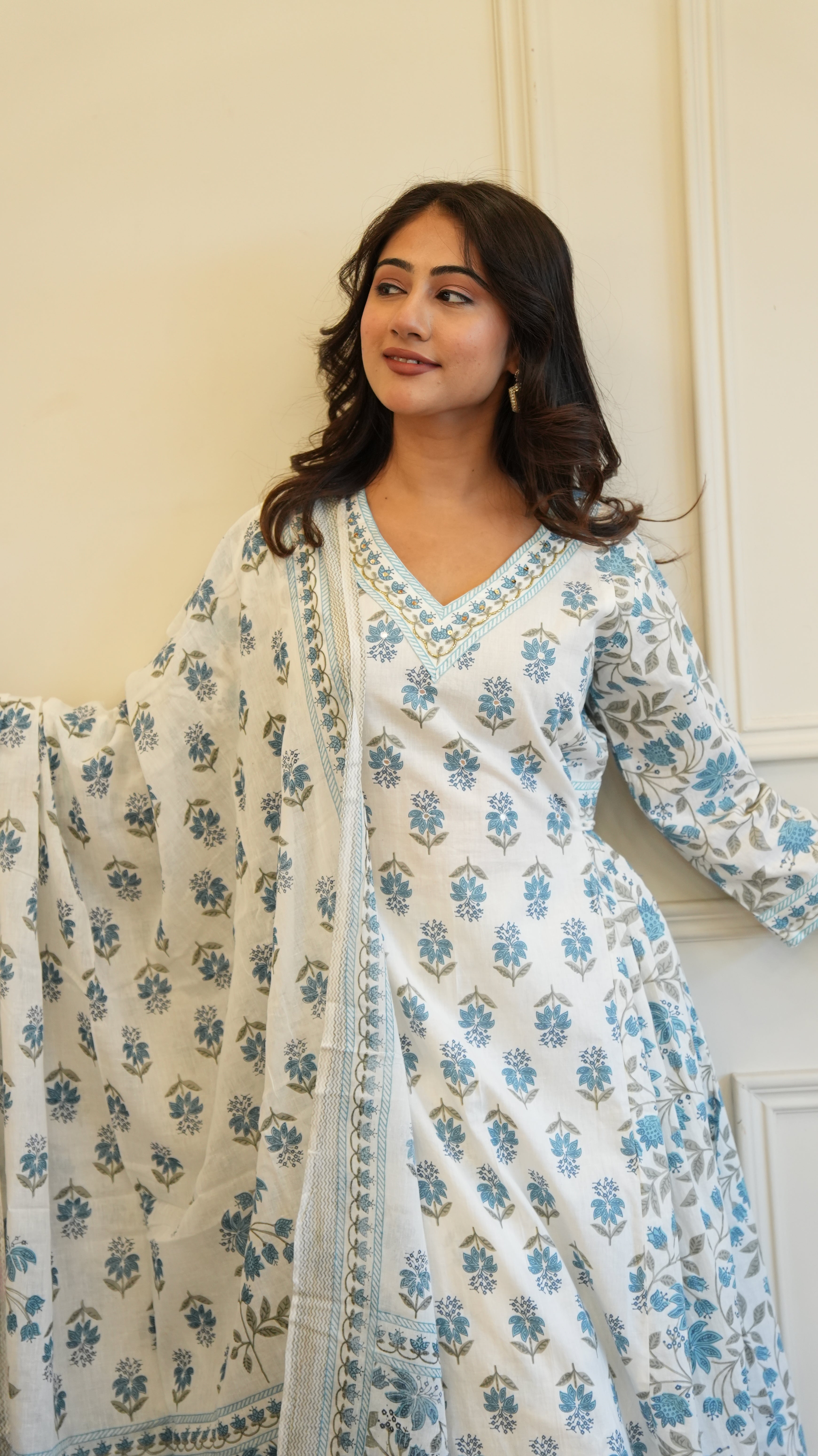 Blue White Cotton Afghani Kurti With Pant & Dupatta Set