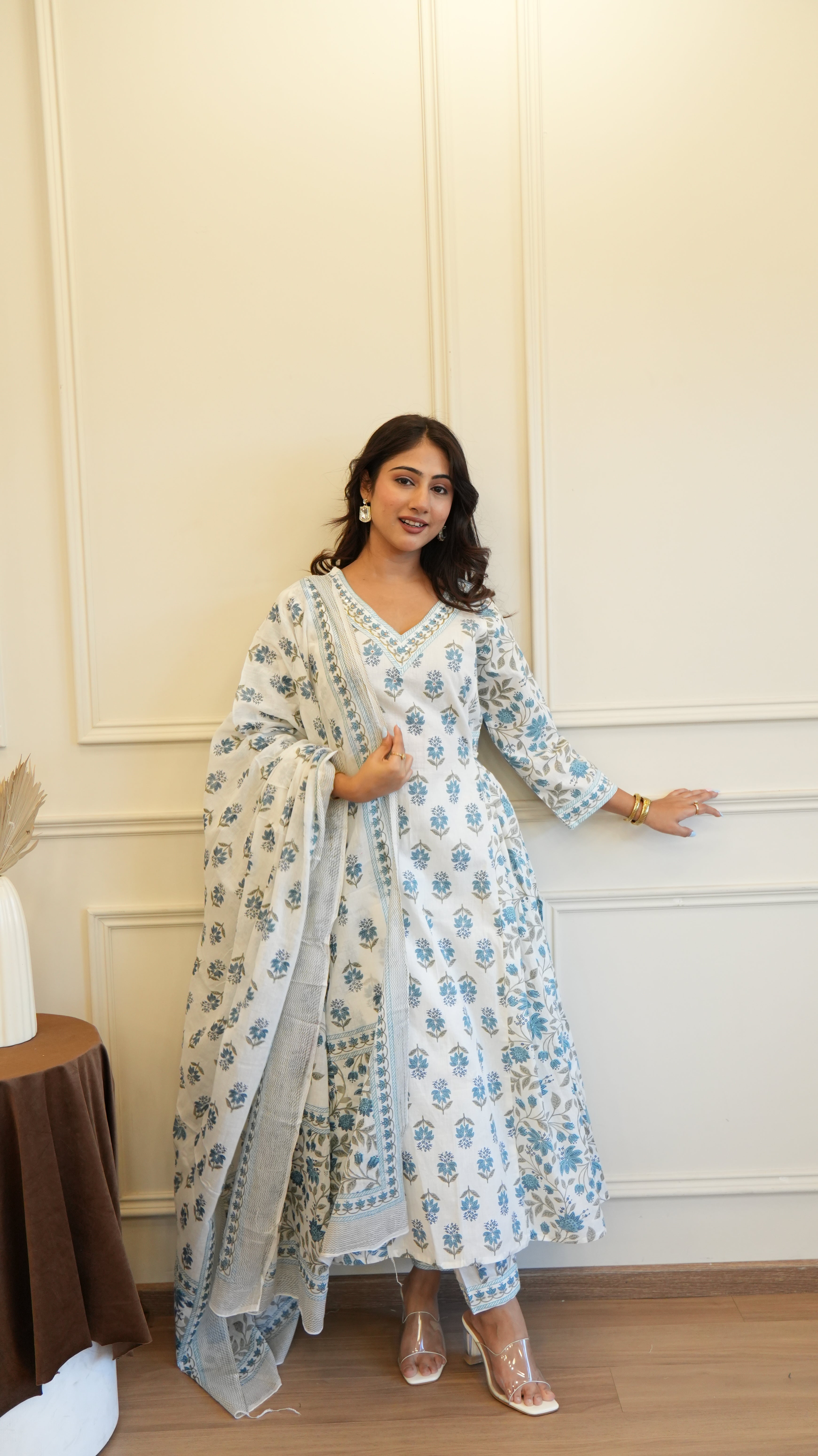 Blue White Cotton Afghani Kurti With Pant & Dupatta Set