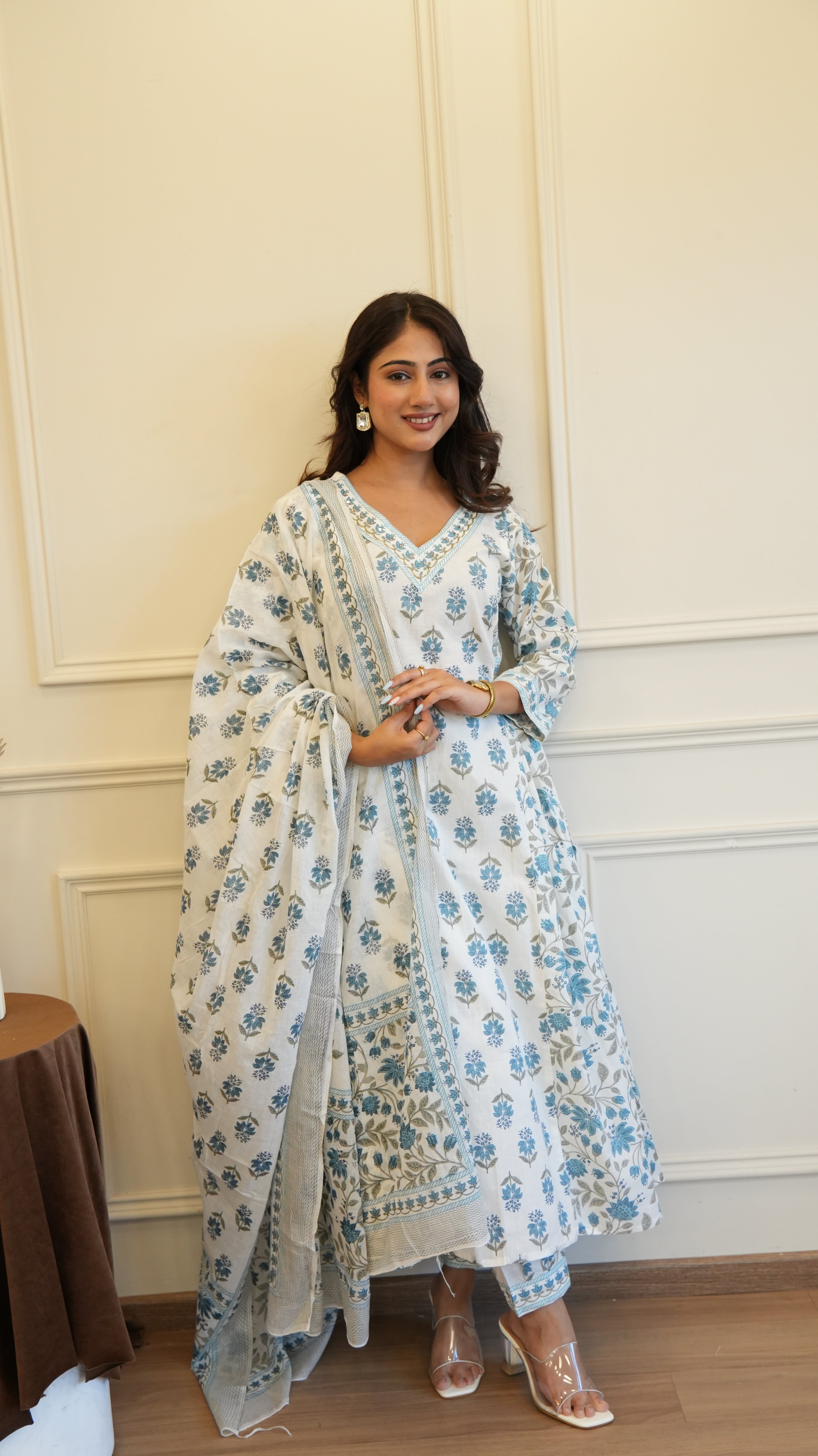 Blue White Cotton Afghani Kurti With Pant & Dupatta Set