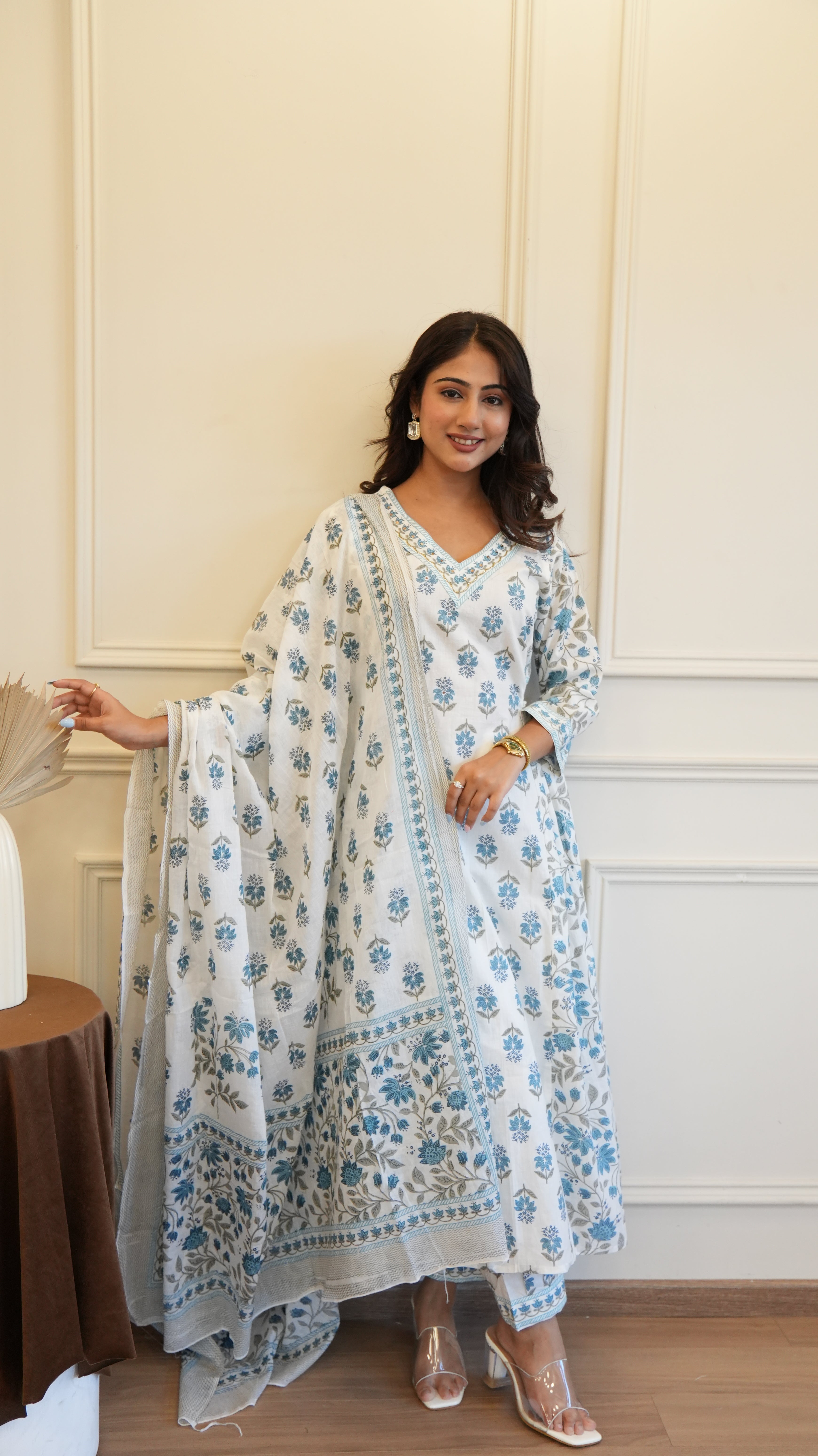 Blue White Cotton Afghani Kurti With Pant & Dupatta Set