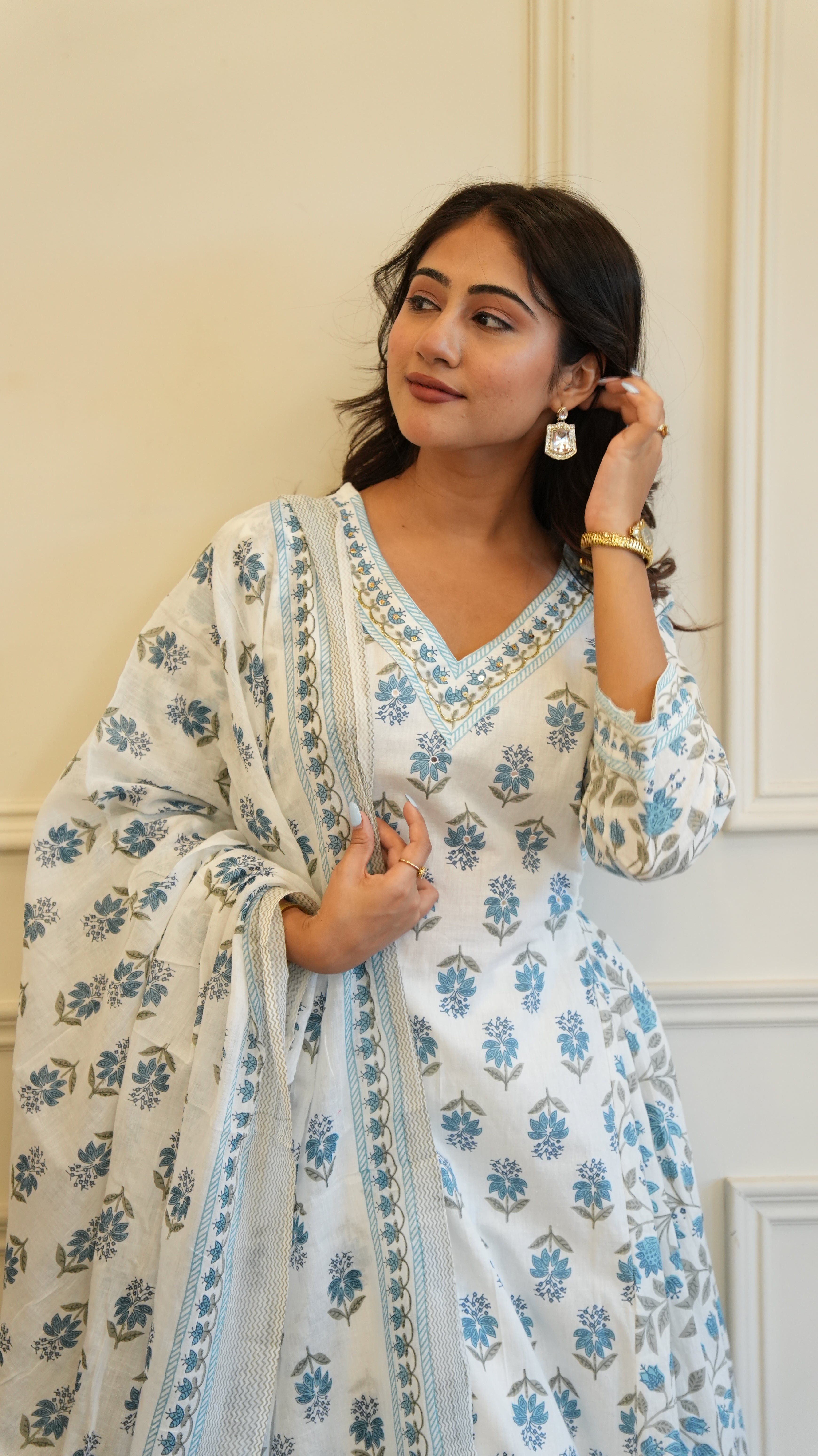 Blue White Cotton Afghani Kurti With Pant & Dupatta Set
