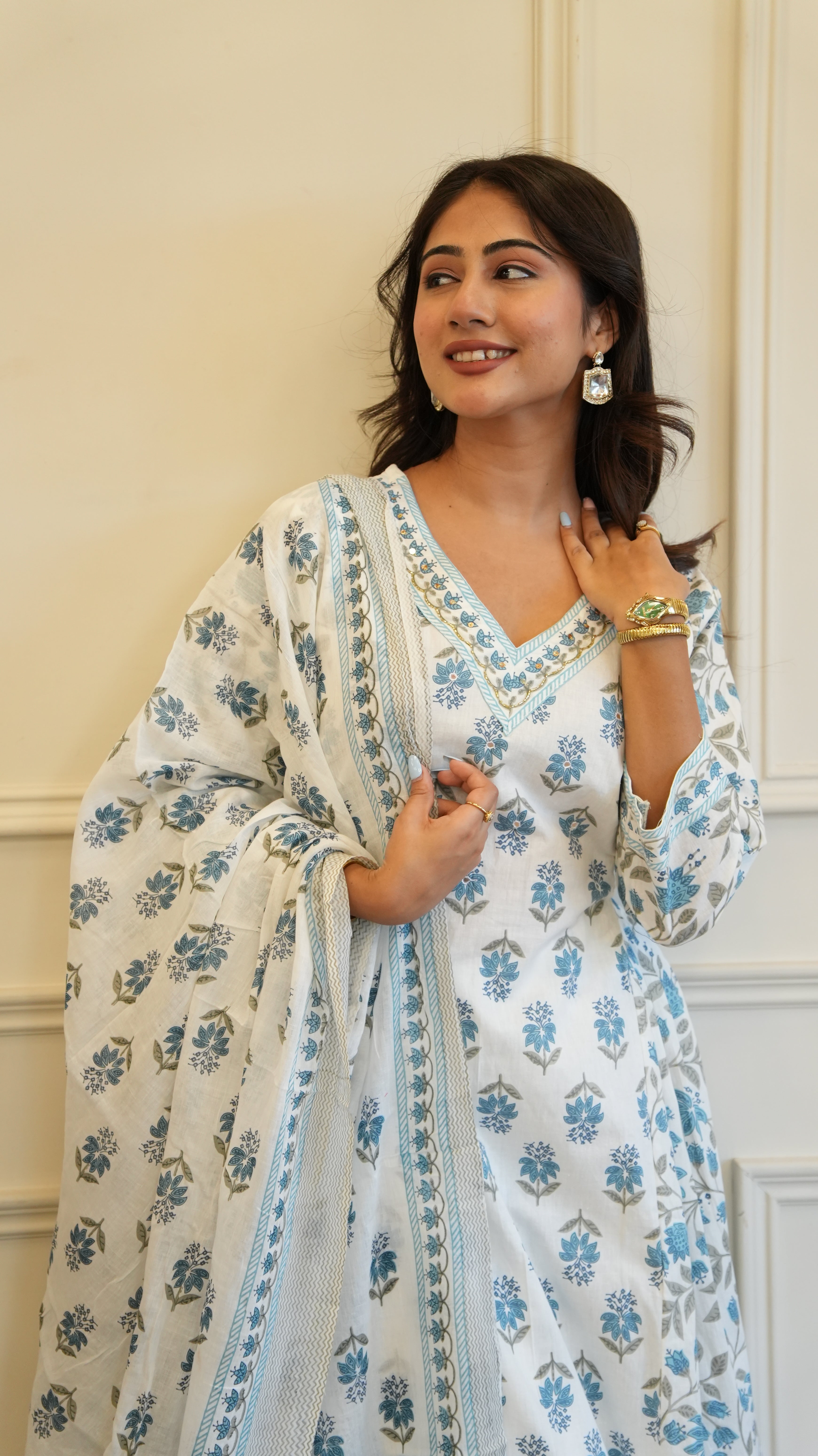 Blue White Cotton Afghani Kurti With Pant & Dupatta Set