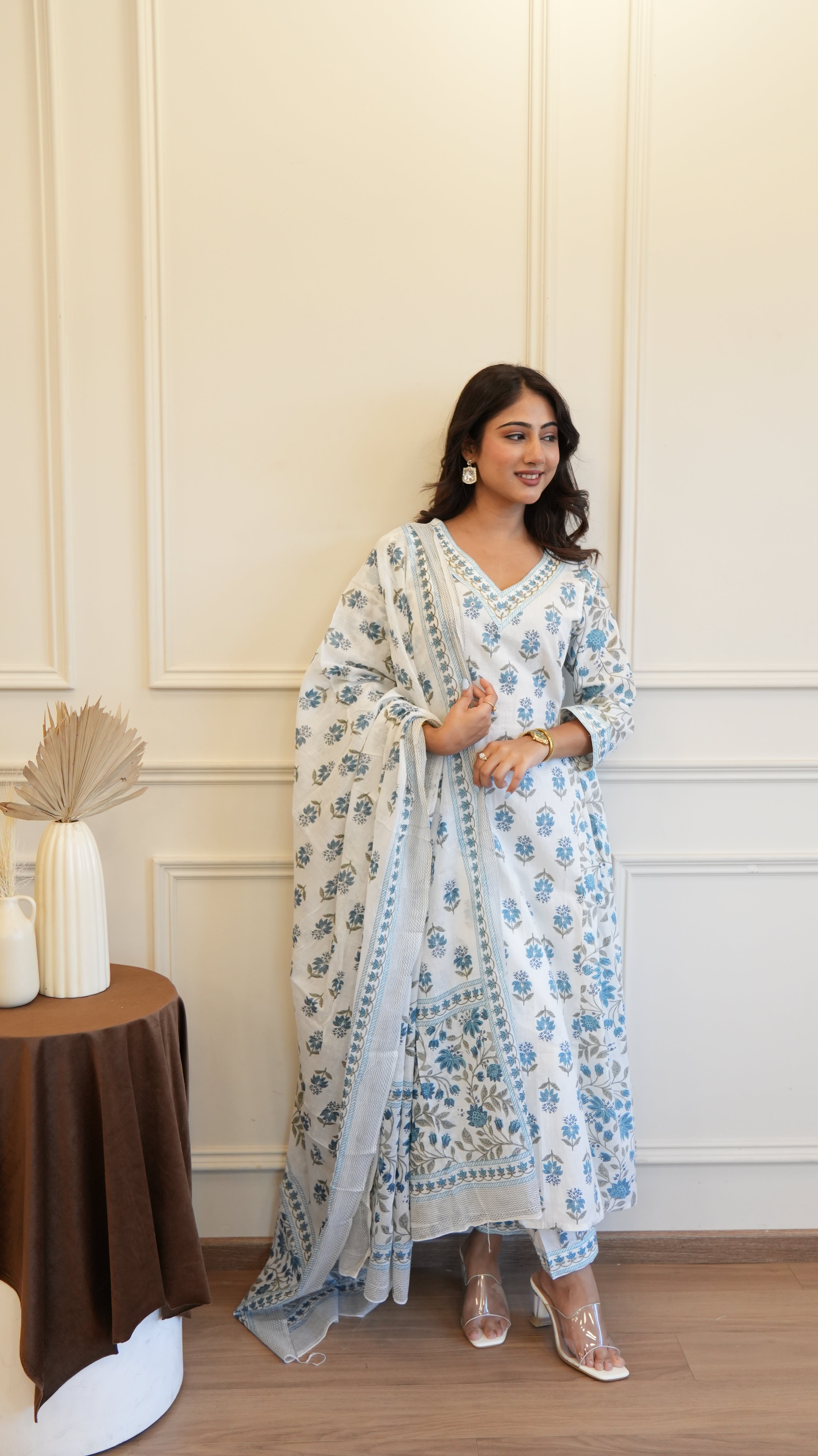 Grey White Cotton Afghani Kurti With Pant & Dupatta Set