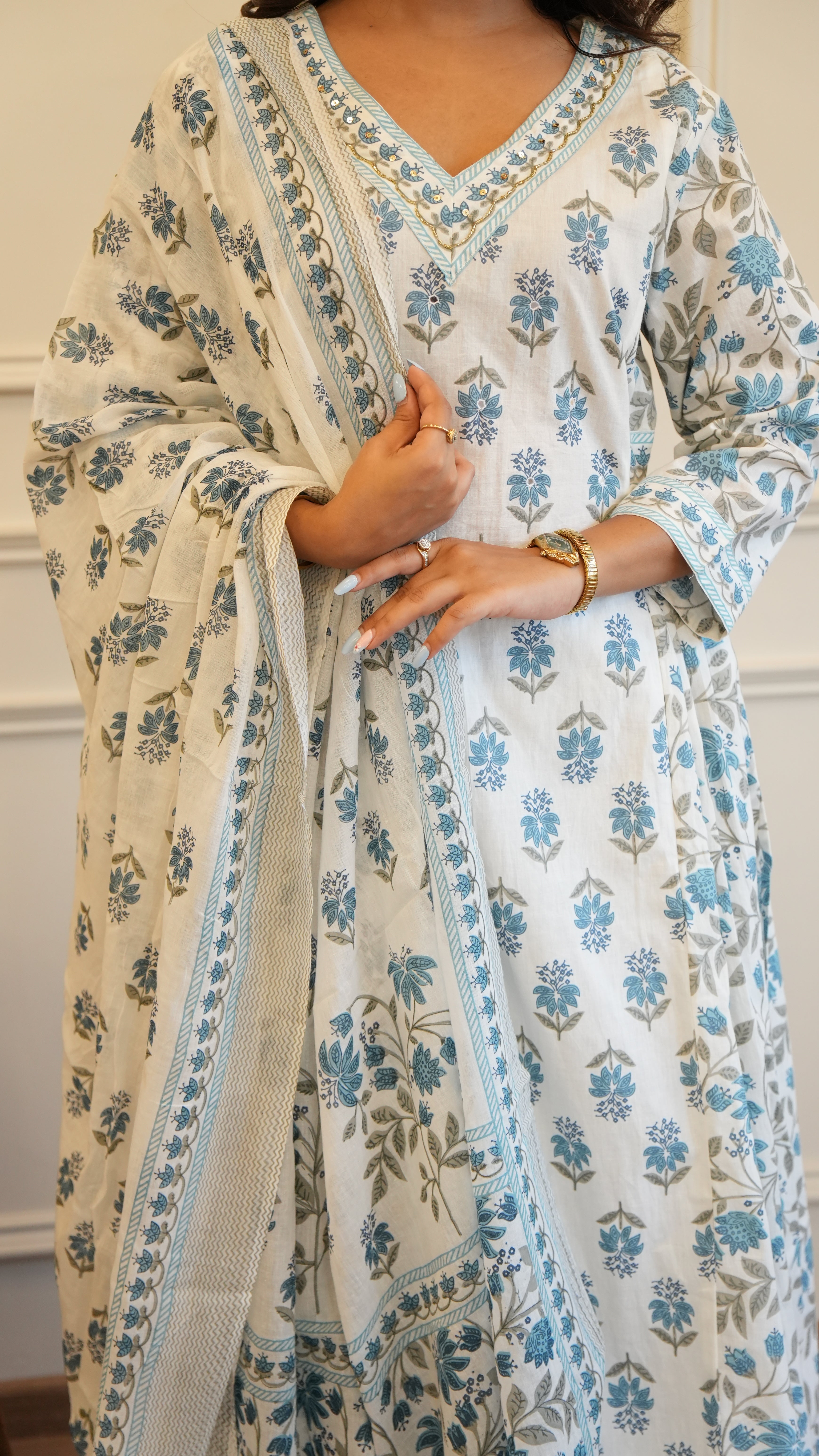 Blue White Cotton Afghani Kurti With Pant & Dupatta Set