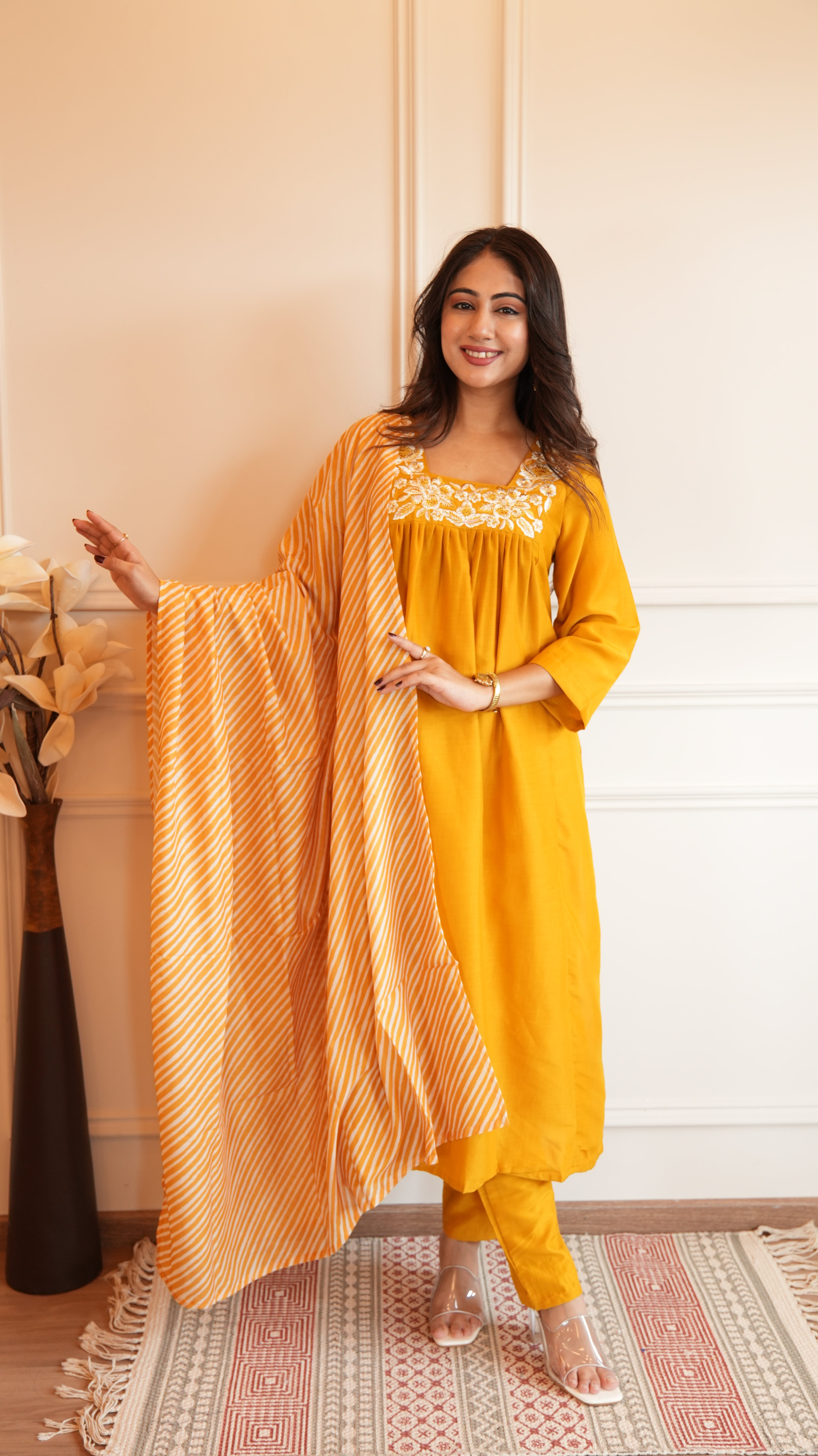 YELLOW CHINON LEHERIYA DUPATTA SUIT SET