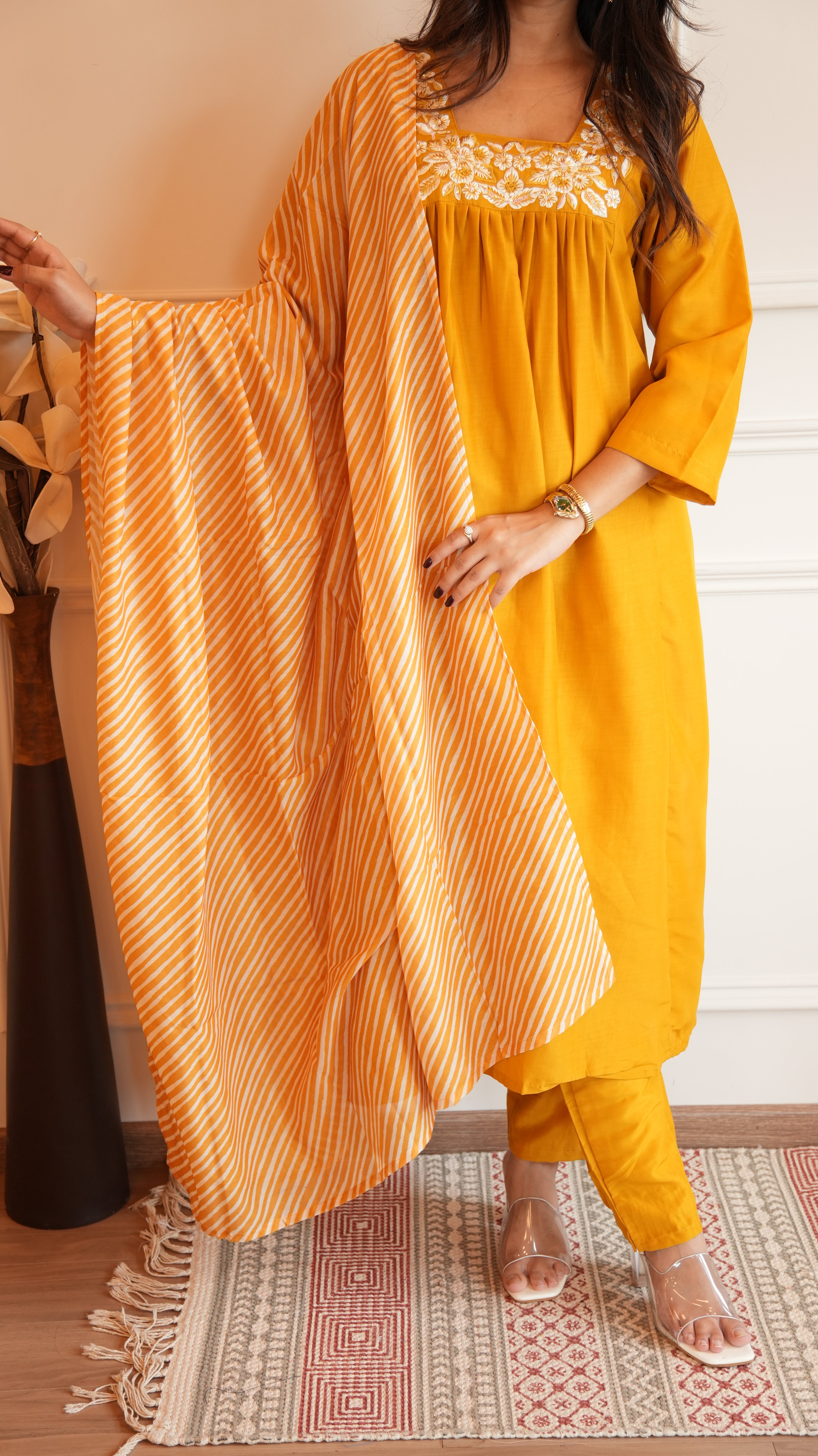 YELLOW CHINON LEHERIYA DUPATTA SUIT SET