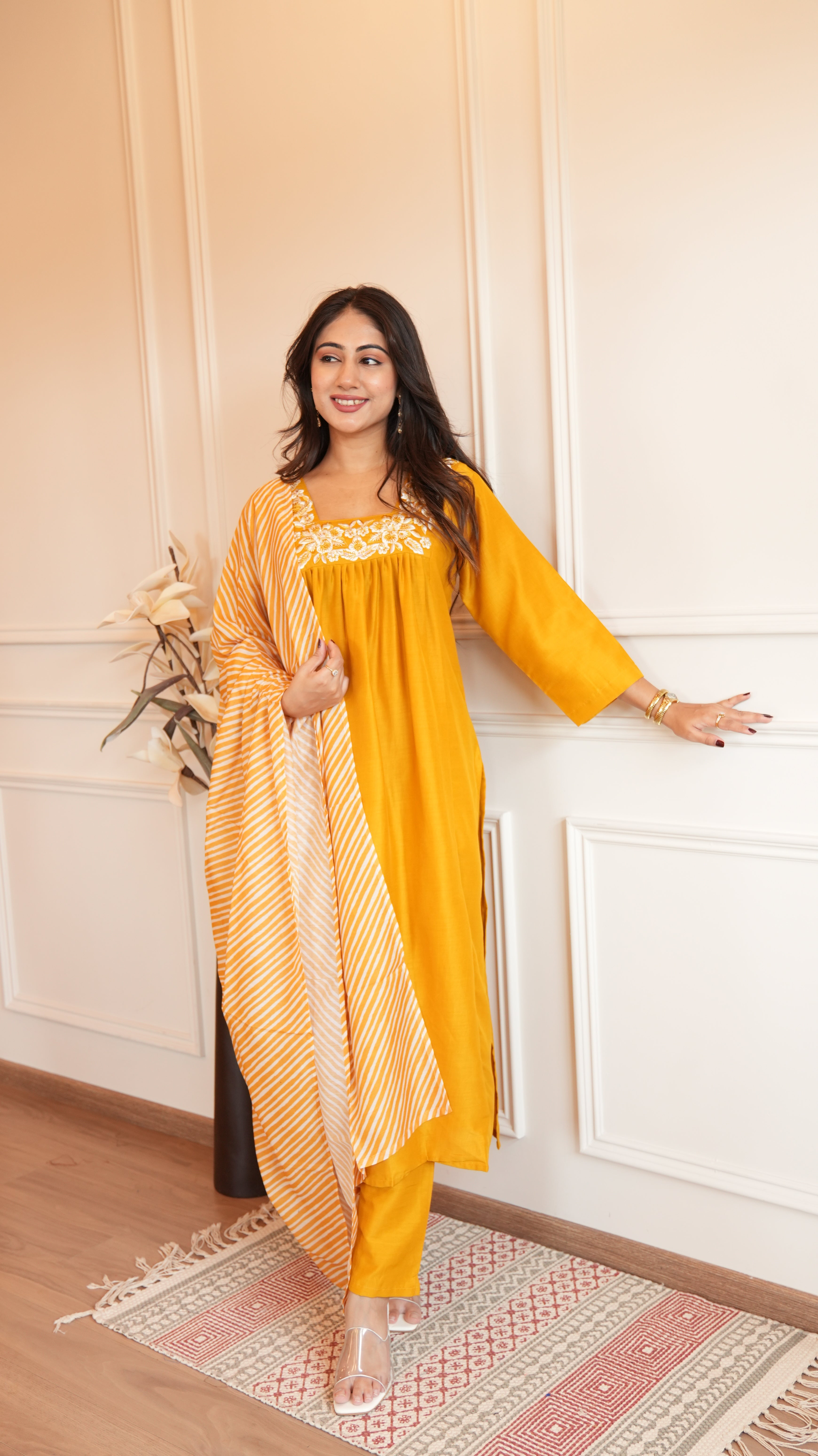 YELLOW CHINON LEHERIYA DUPATTA SUIT SET