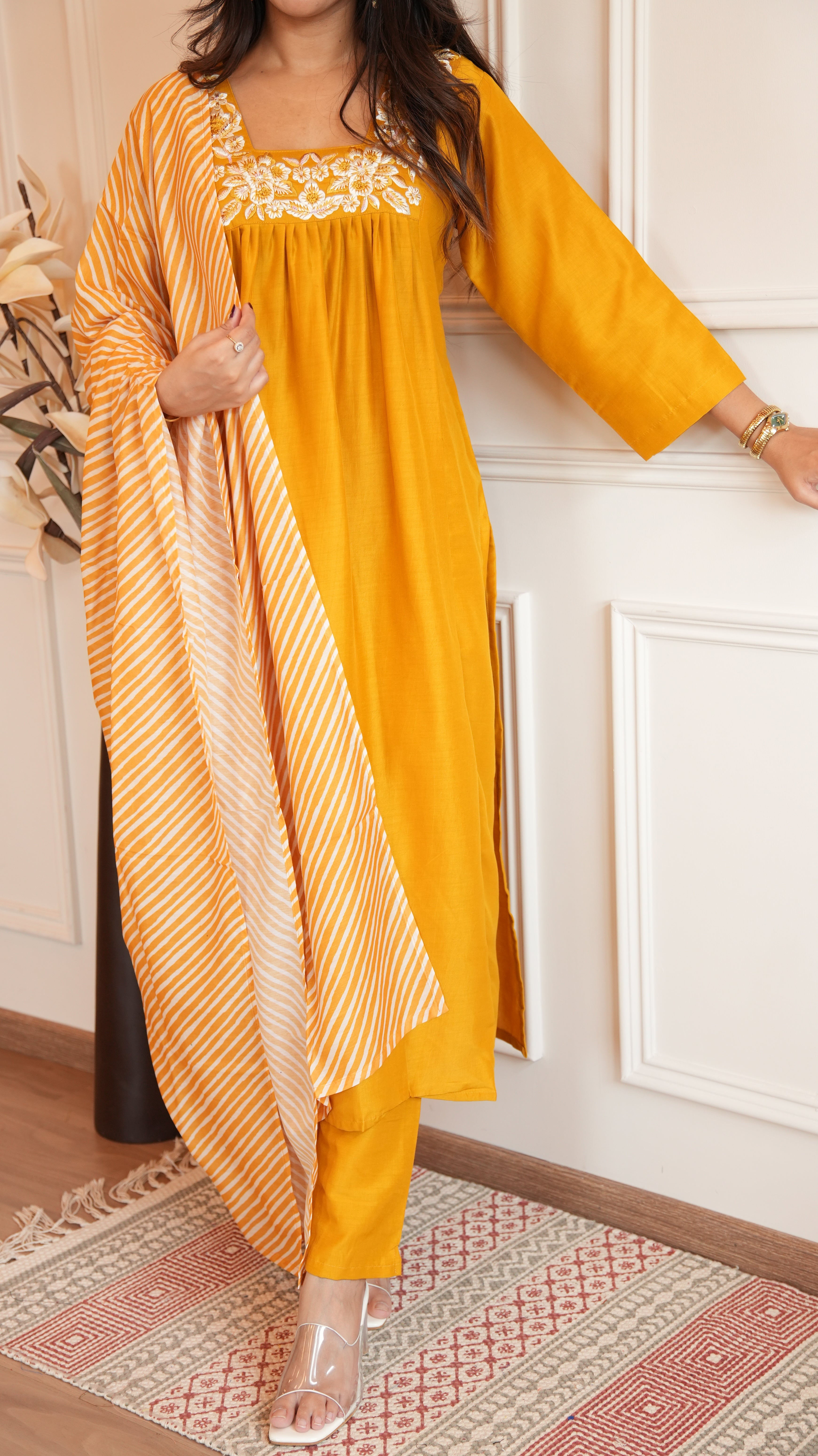 YELLOW CHINON LEHERIYA DUPATTA SUIT SET