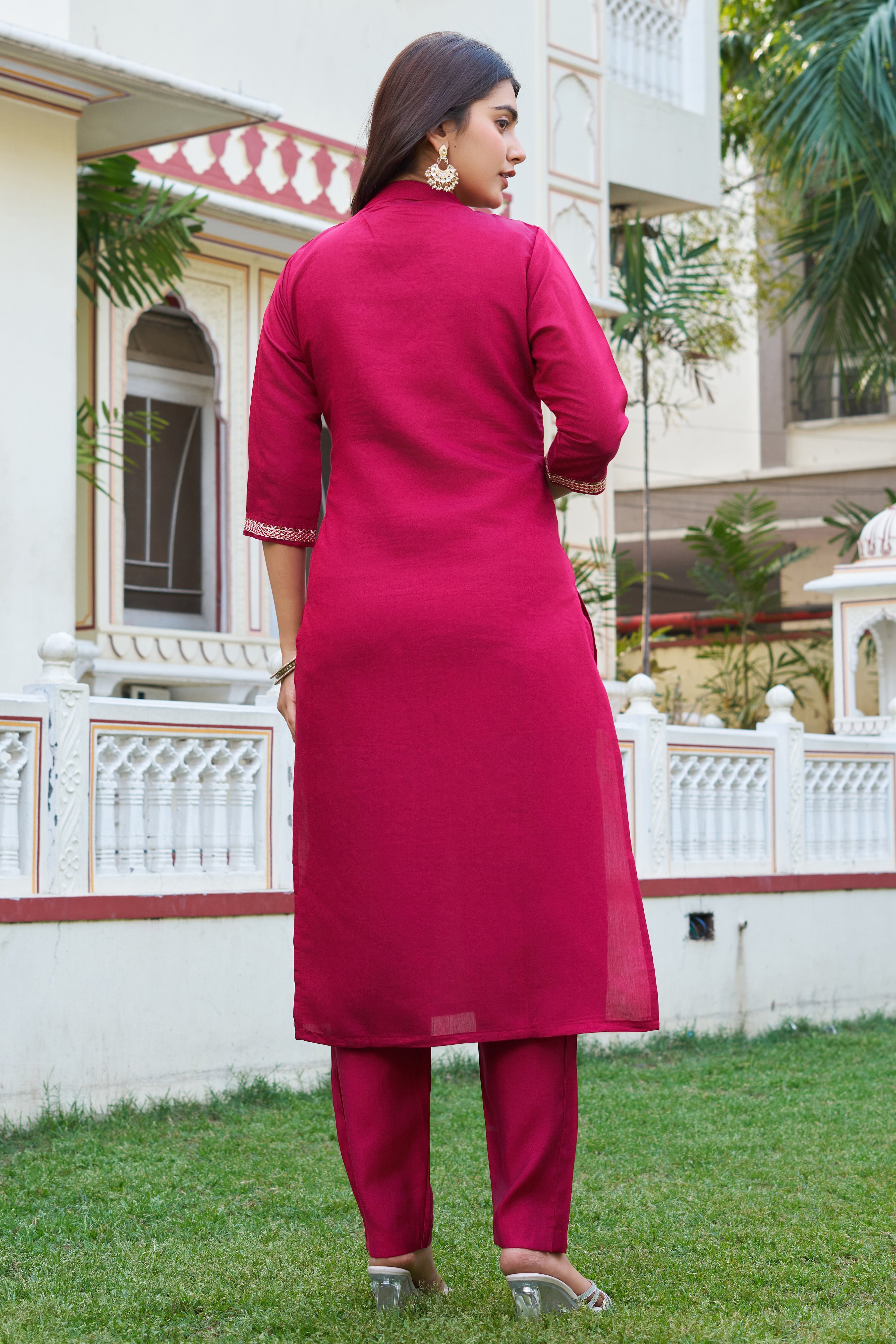 Elegant Rani Pink Embroidered Kurta Pant Set with Printed Dupatta
