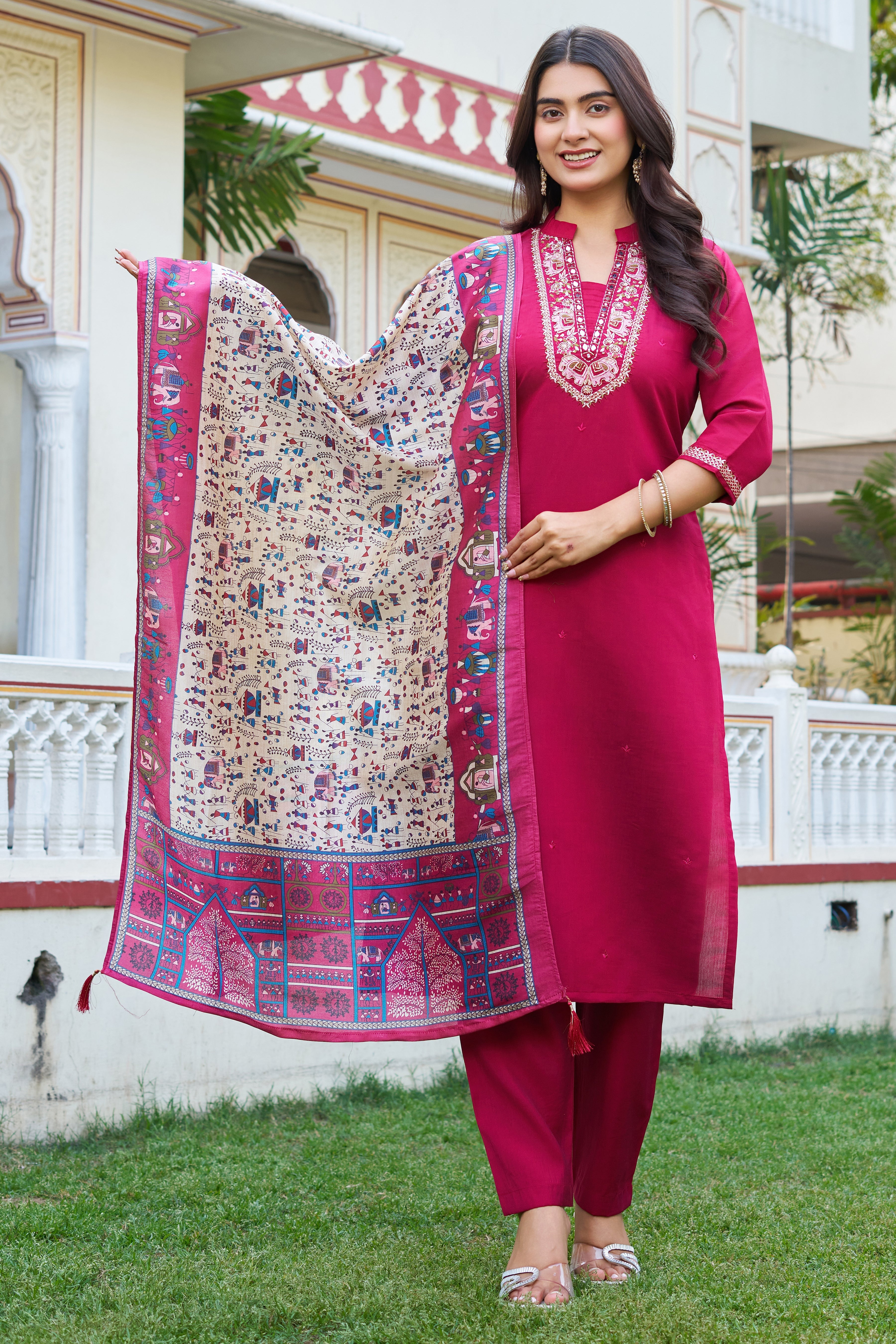 Elegant Rani Pink Embroidered Kurta Pant Set with Printed Dupatta