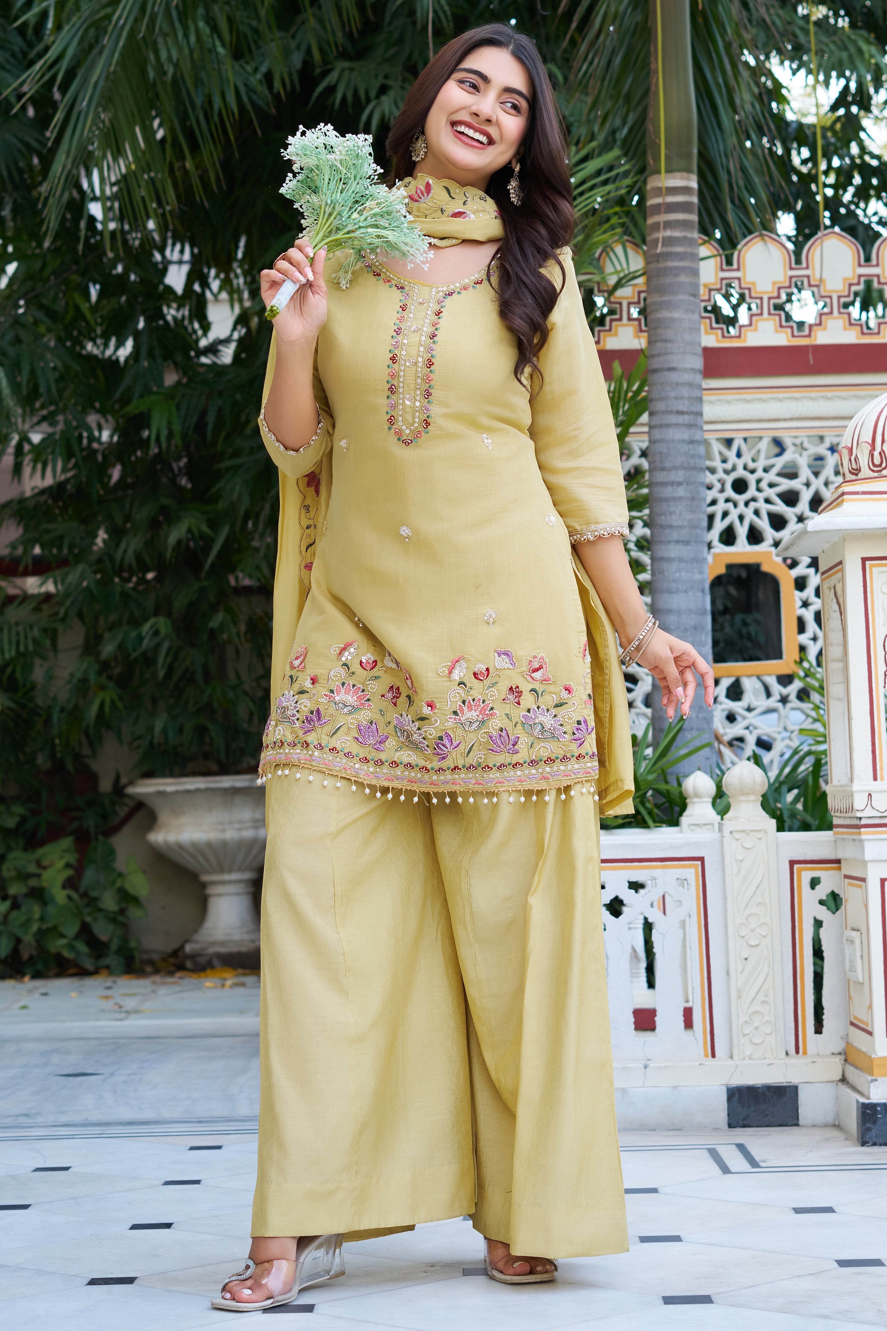 Elegant Pastel Embroidered Kurta Palazzo Set with Dupatta – Ethnic Party Wear Suit