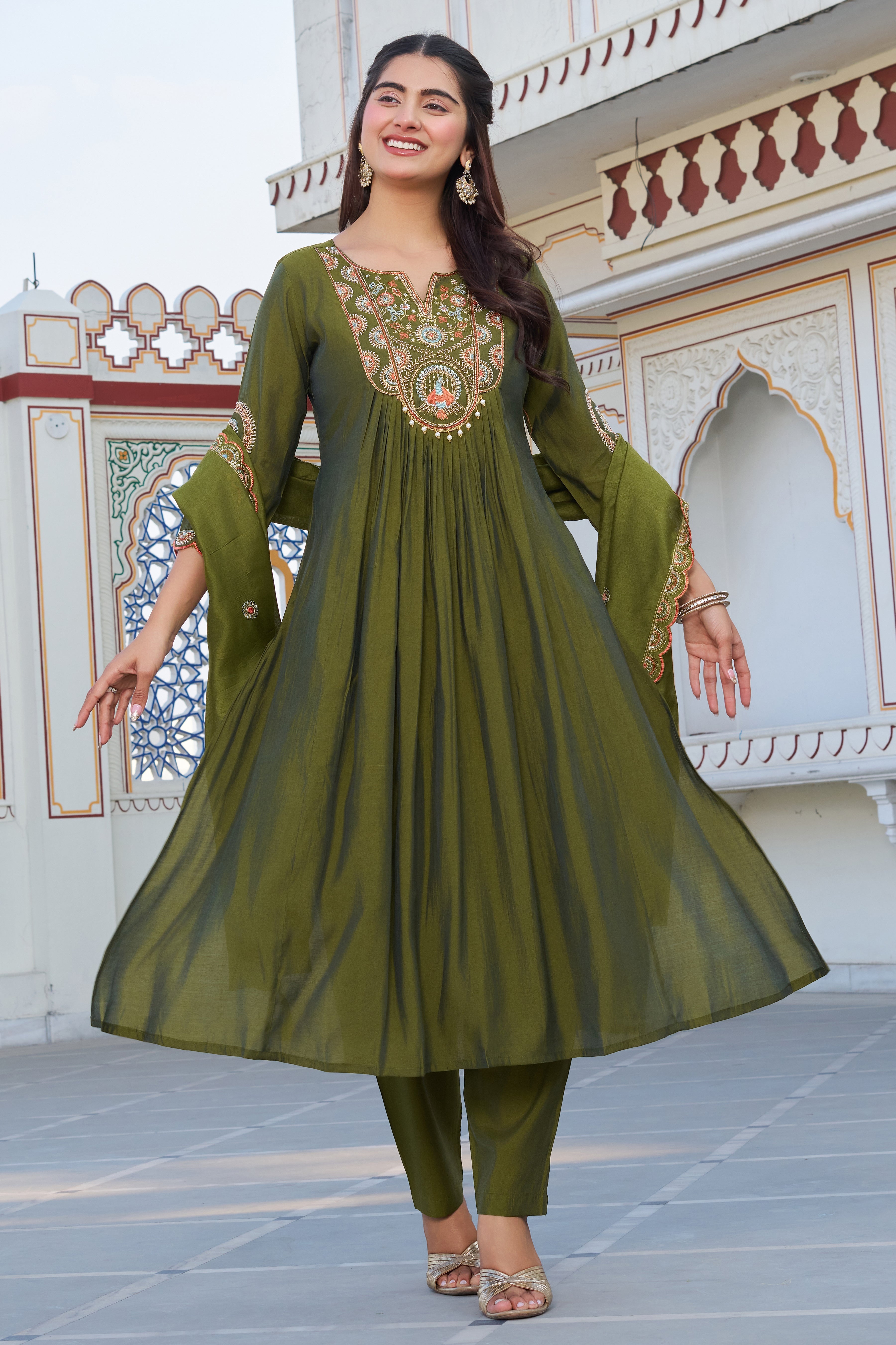 Elegant Olive Green Embroidered Kurta Set with Dupatta for Women
