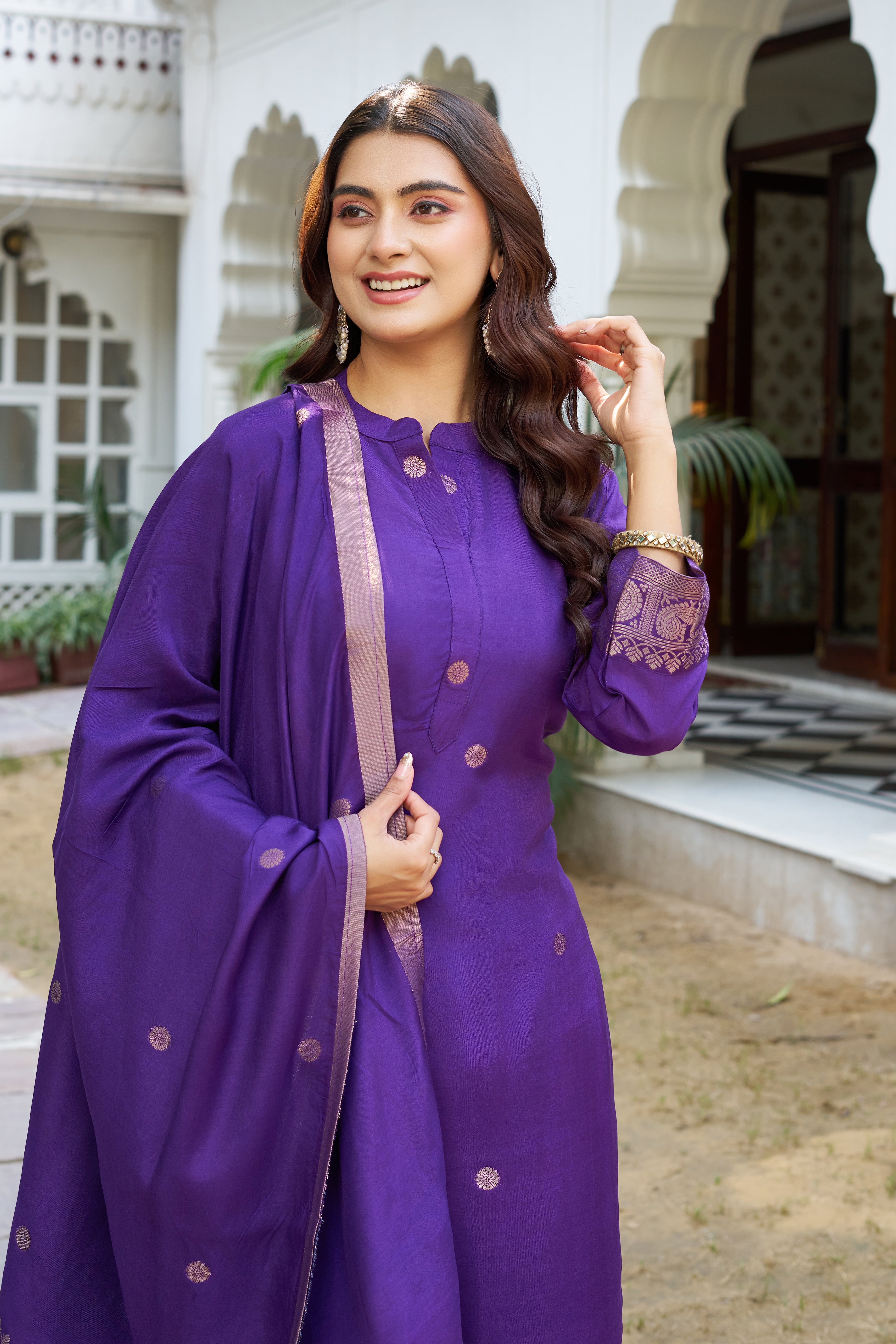 Elegant Purple Kurta Pant Set with Gold Motif Work & Border Dupatta