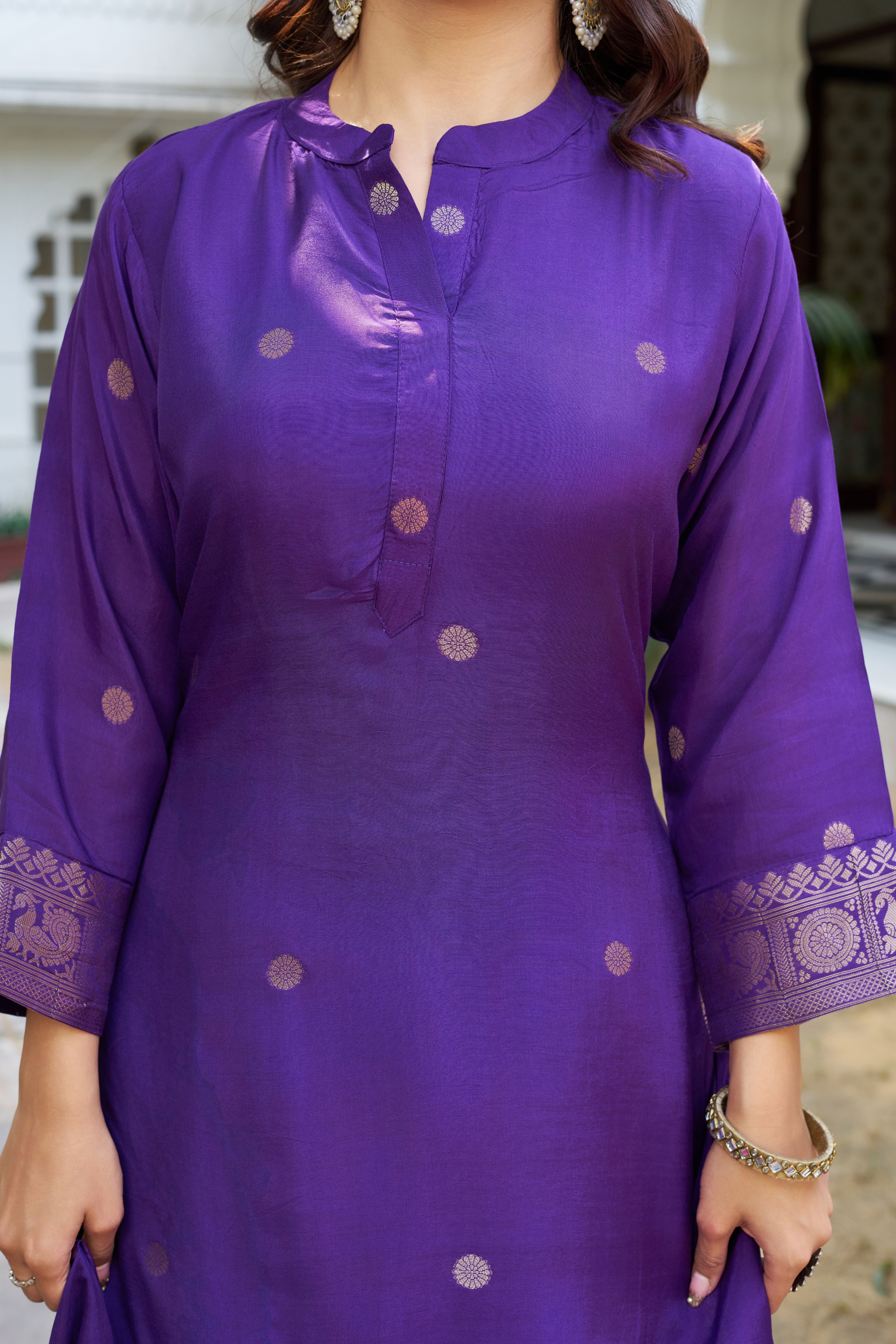 Elegant Purple Kurta Pant Set with Gold Motif Work & Border Dupatta