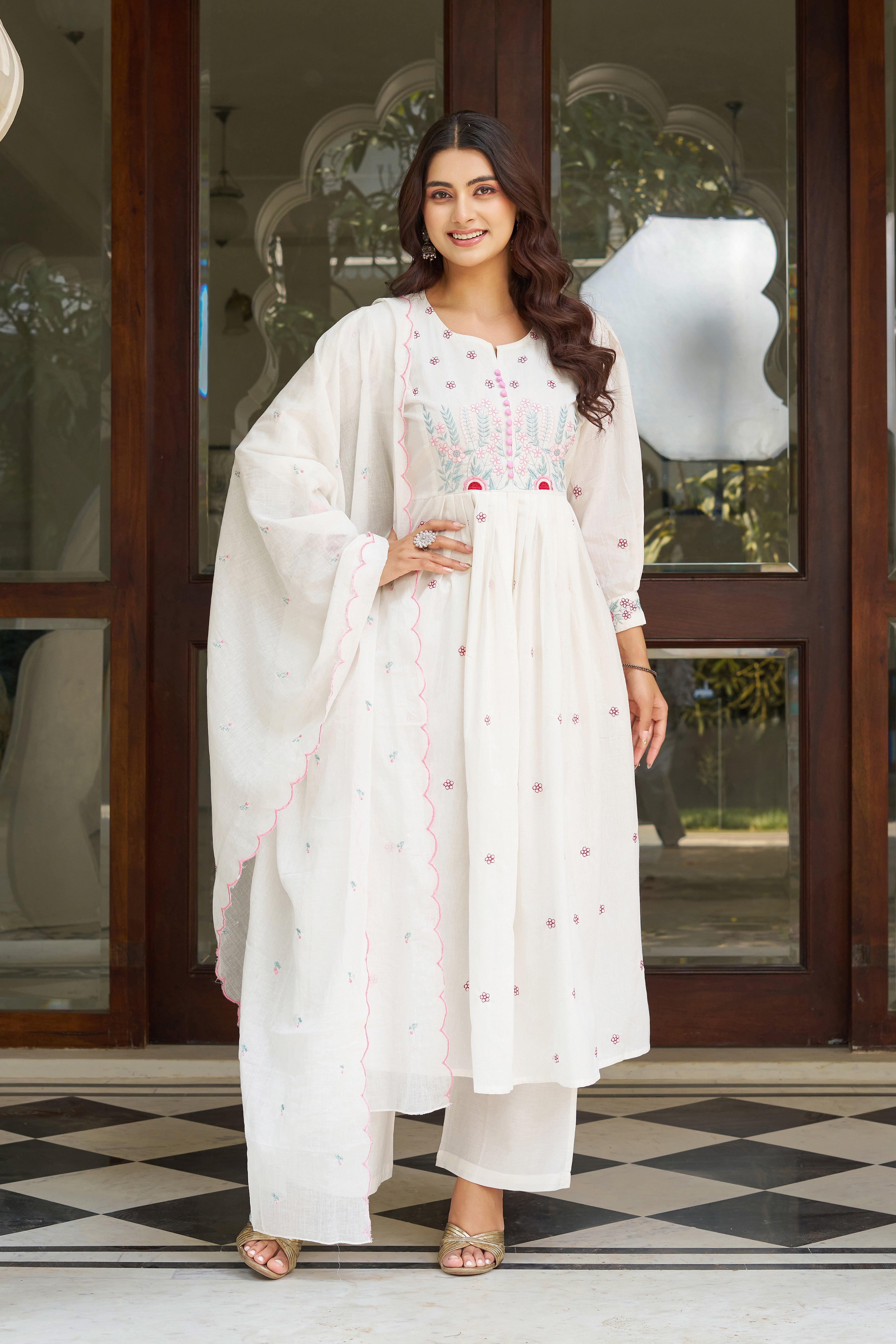 Elegant Embroidered Anarkali Kurta Set with Dupatta – Ivory, Lime Green & Blush Pink