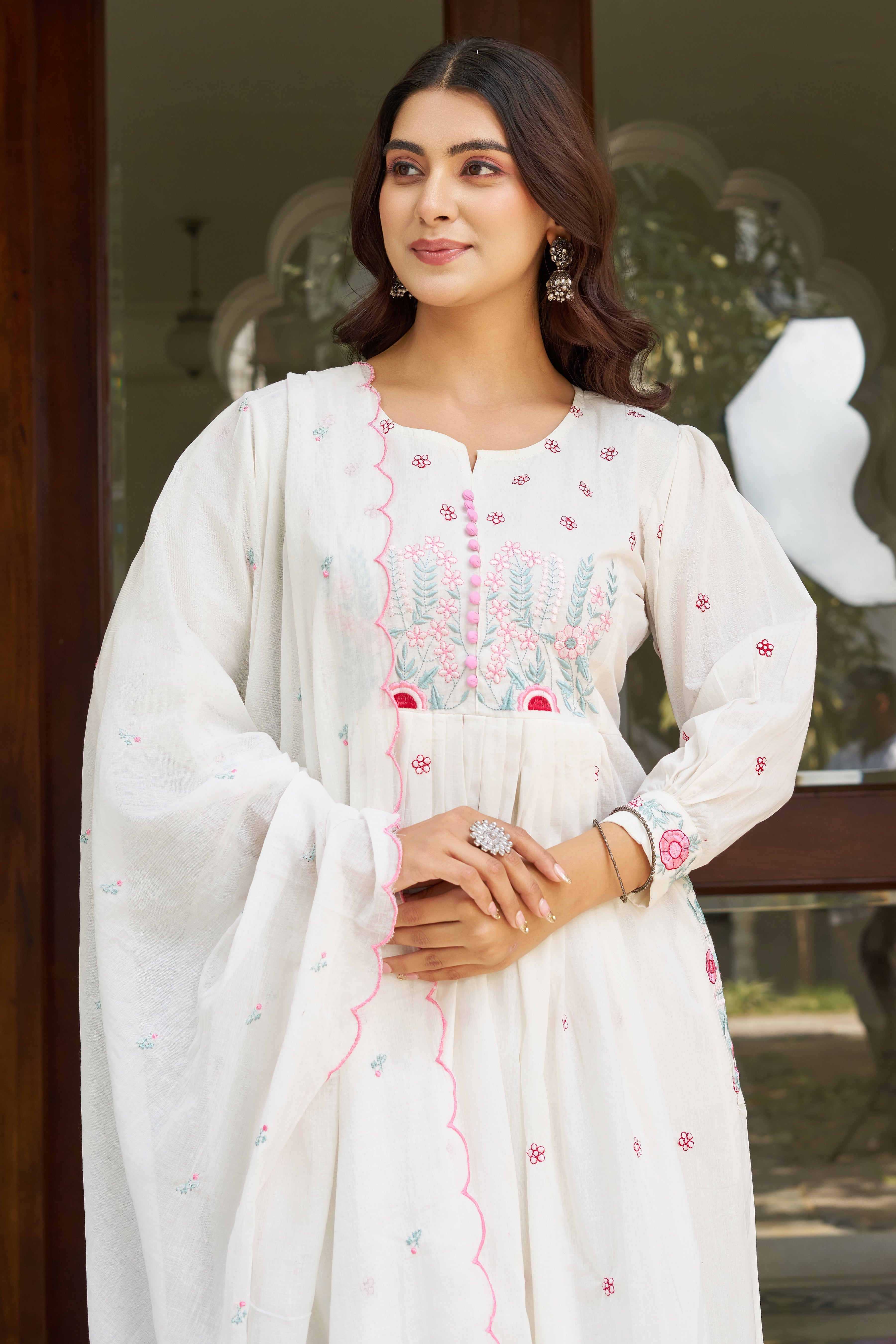 Elegant Embroidered Anarkali Kurta Set with Dupatta – Ivory, Lime Green & Blush Pink