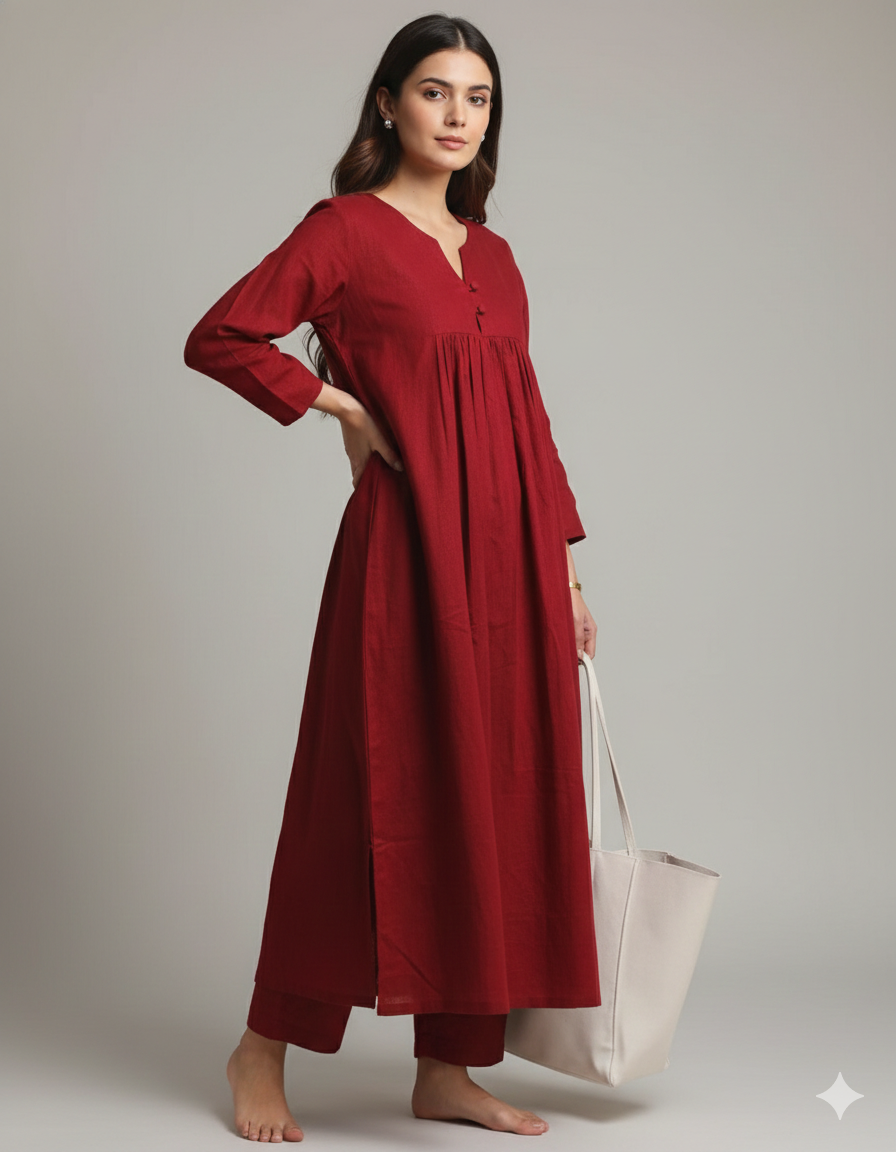 Elegant Maroon A-Line Kurta with Matching Pants – Cotton Comfort Wear