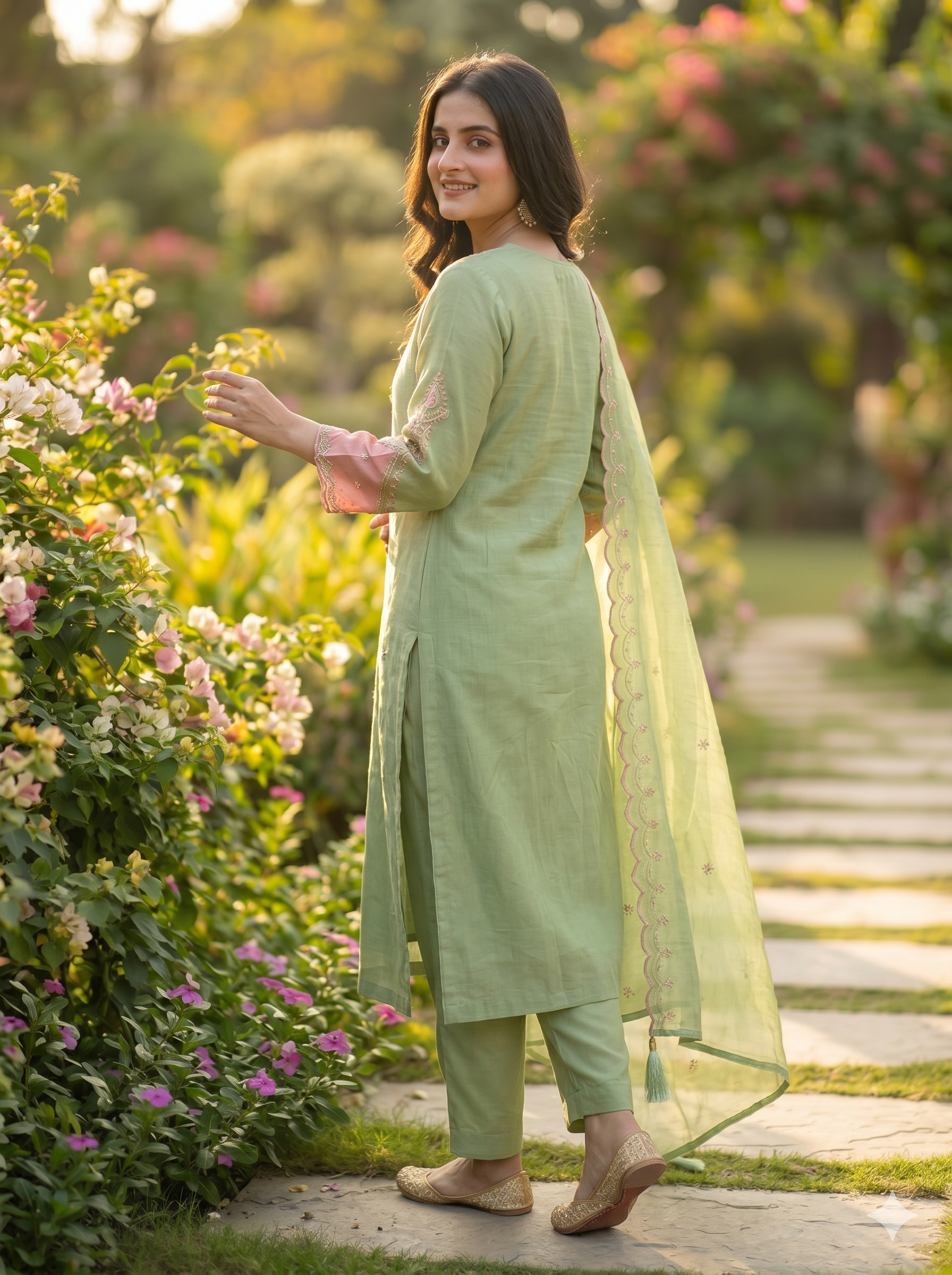 Pastel Green Straight Kurta with Pant & Organza Dupatta