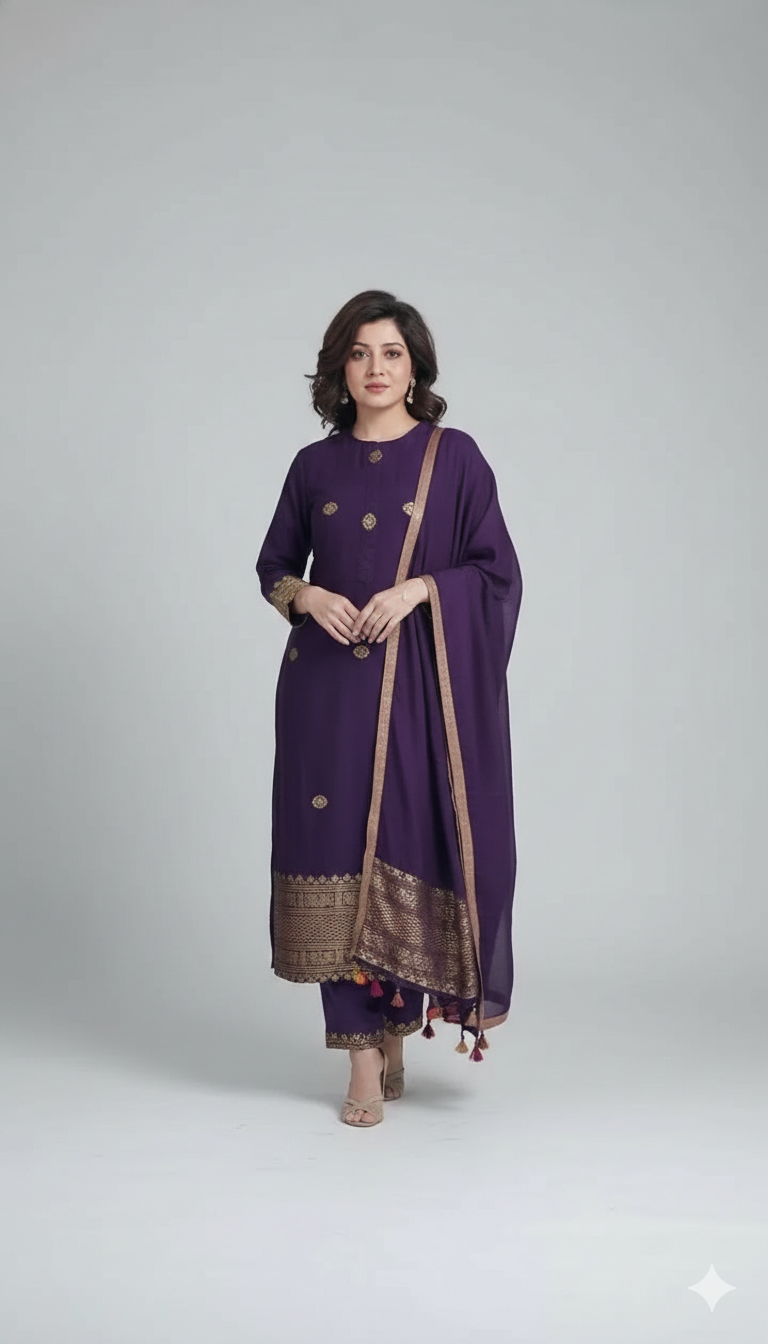 Elegant Purple Kurta Pant Set with Gold Motif Work & Border Dupatta