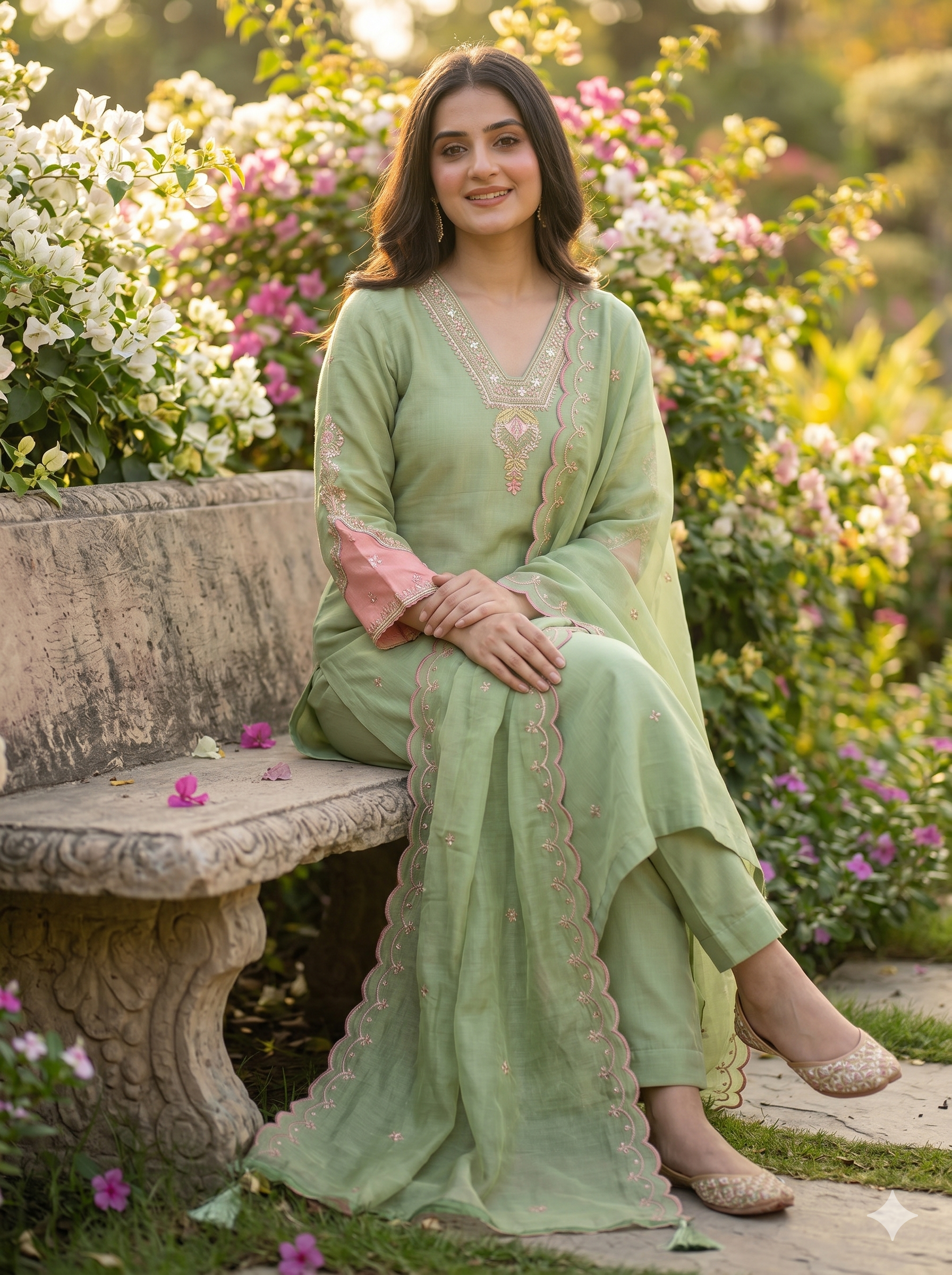 Pastel Green Straight Kurta with Pant & Organza Dupatta