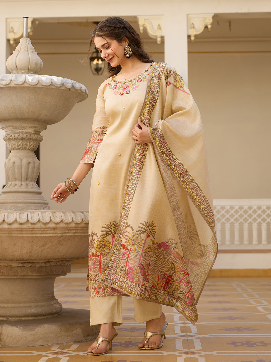 Elegant Beige Embroidered Kurta Pant Set with Printed Dupatta for Women