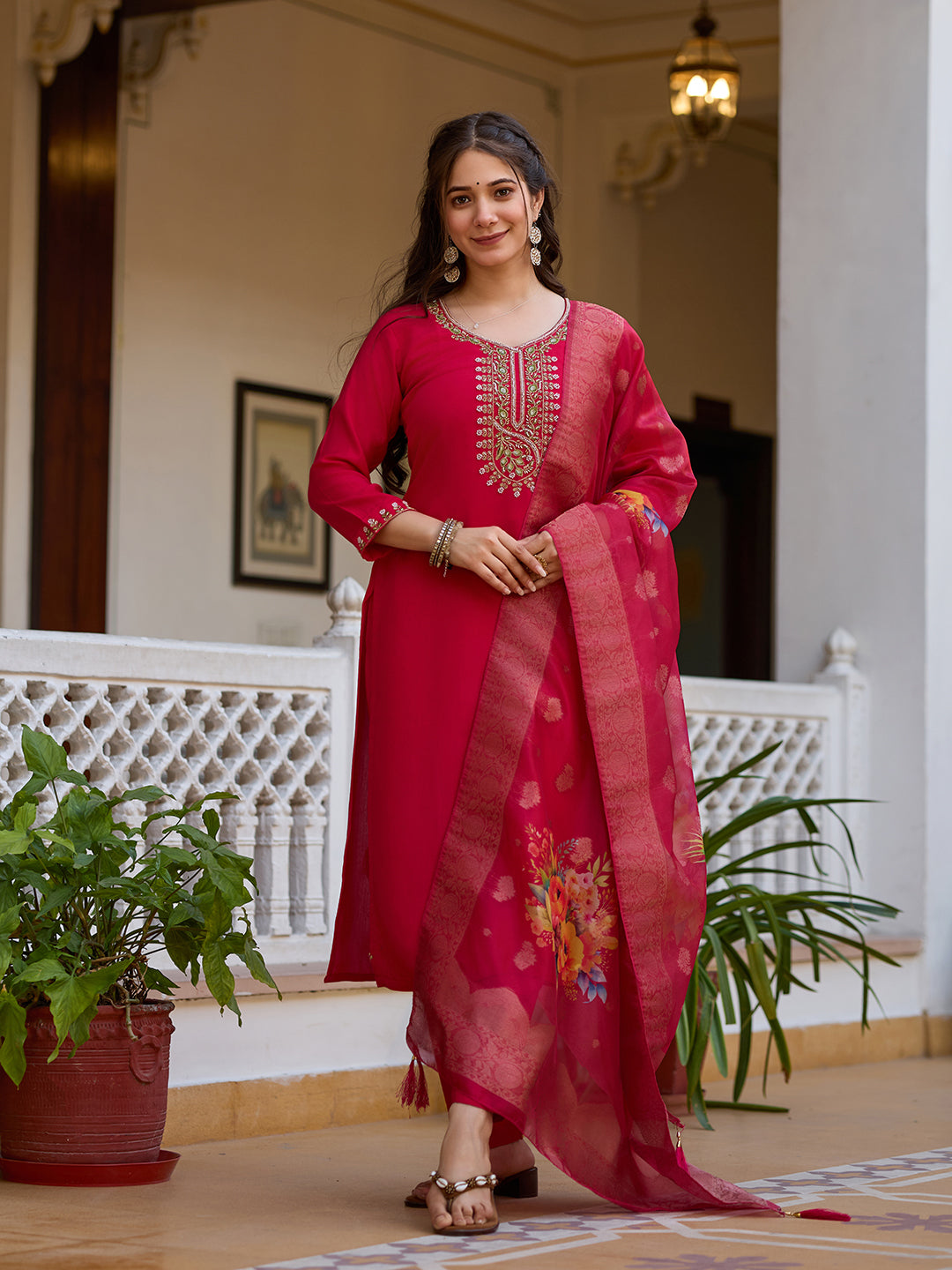 Women's Rani Pink Embroidered Straight Kurta Set with Floral Organza Dupatta