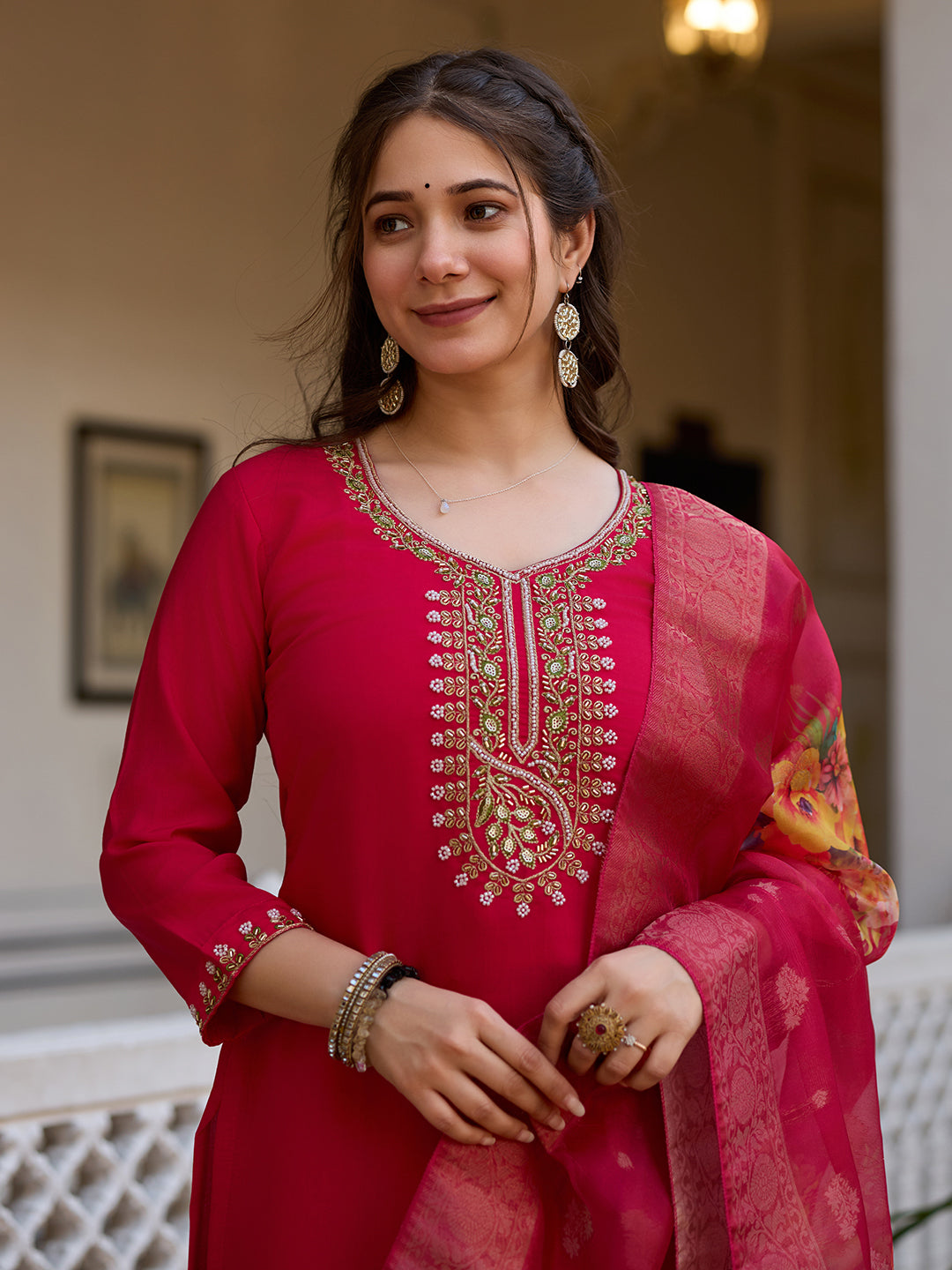 Women's Rani Pink Embroidered Straight Kurta Set with Floral Organza Dupatta