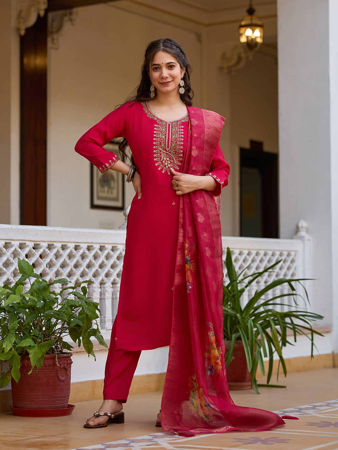 Women's Rani Pink Embroidered Straight Kurta Set with Floral Organza Dupatta