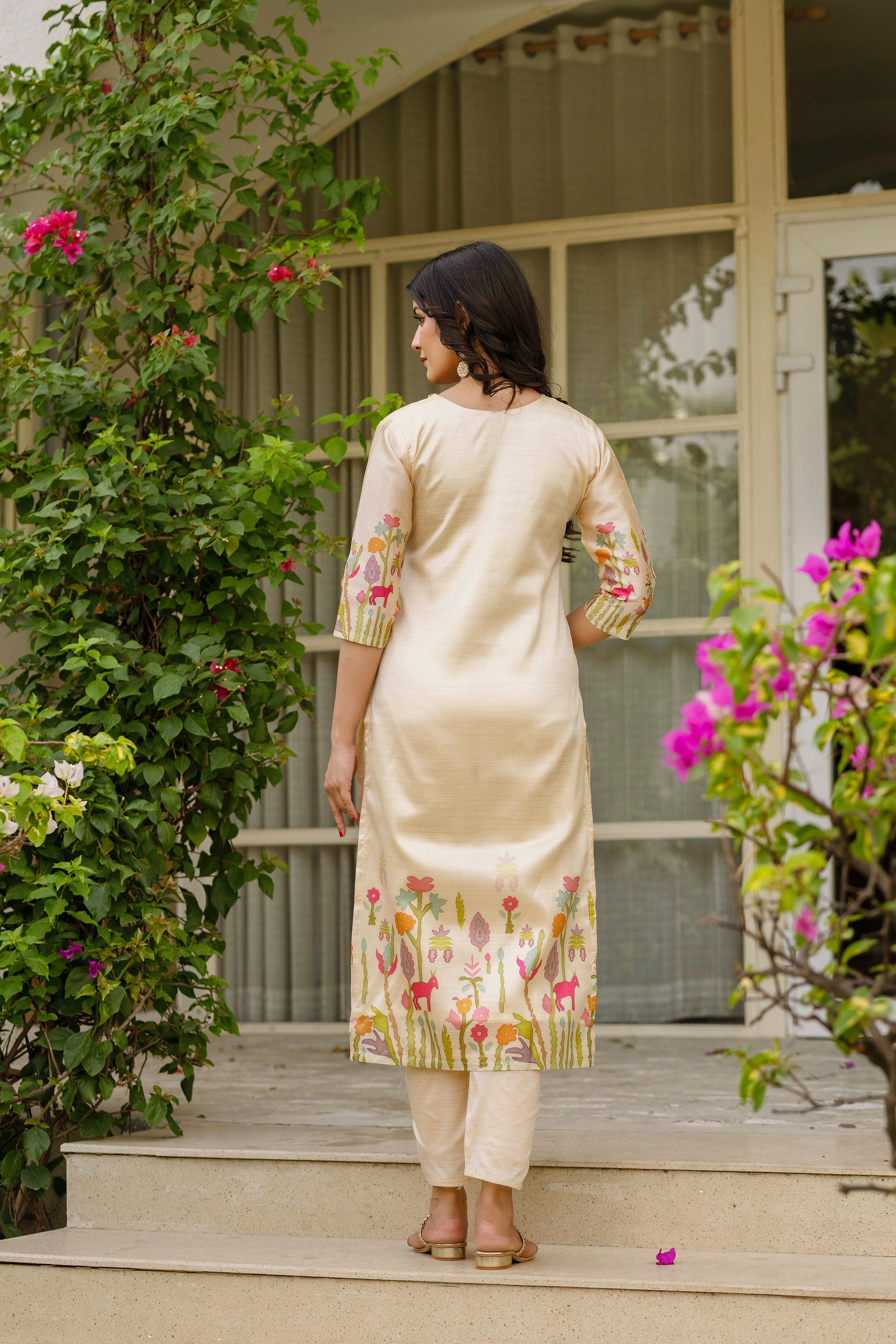 Women's Cream Embroidered Palm Tree Kurta Pant & Printed Dupatta Set