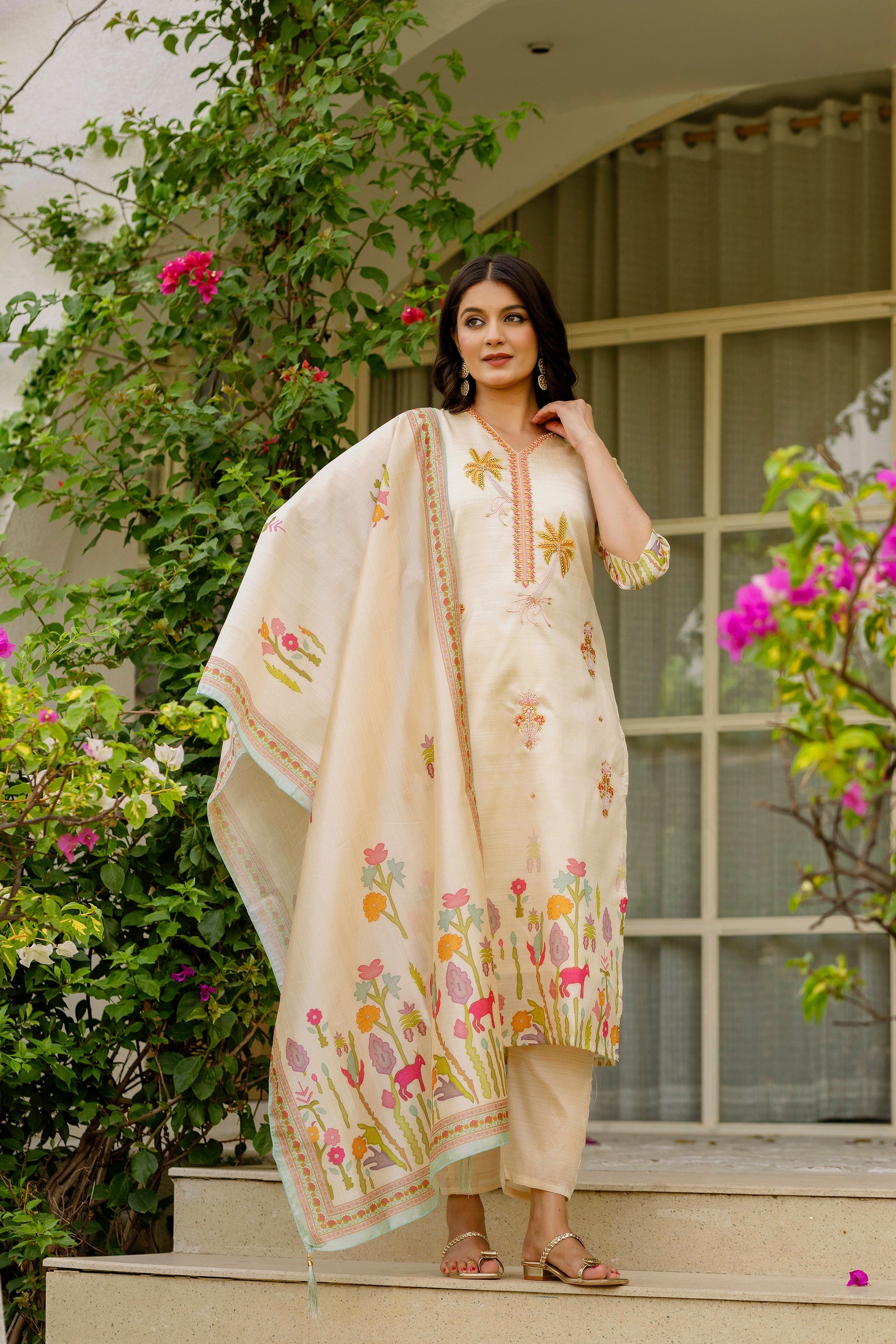 Women's Cream Embroidered Palm Tree Kurta Pant & Printed Dupatta Set