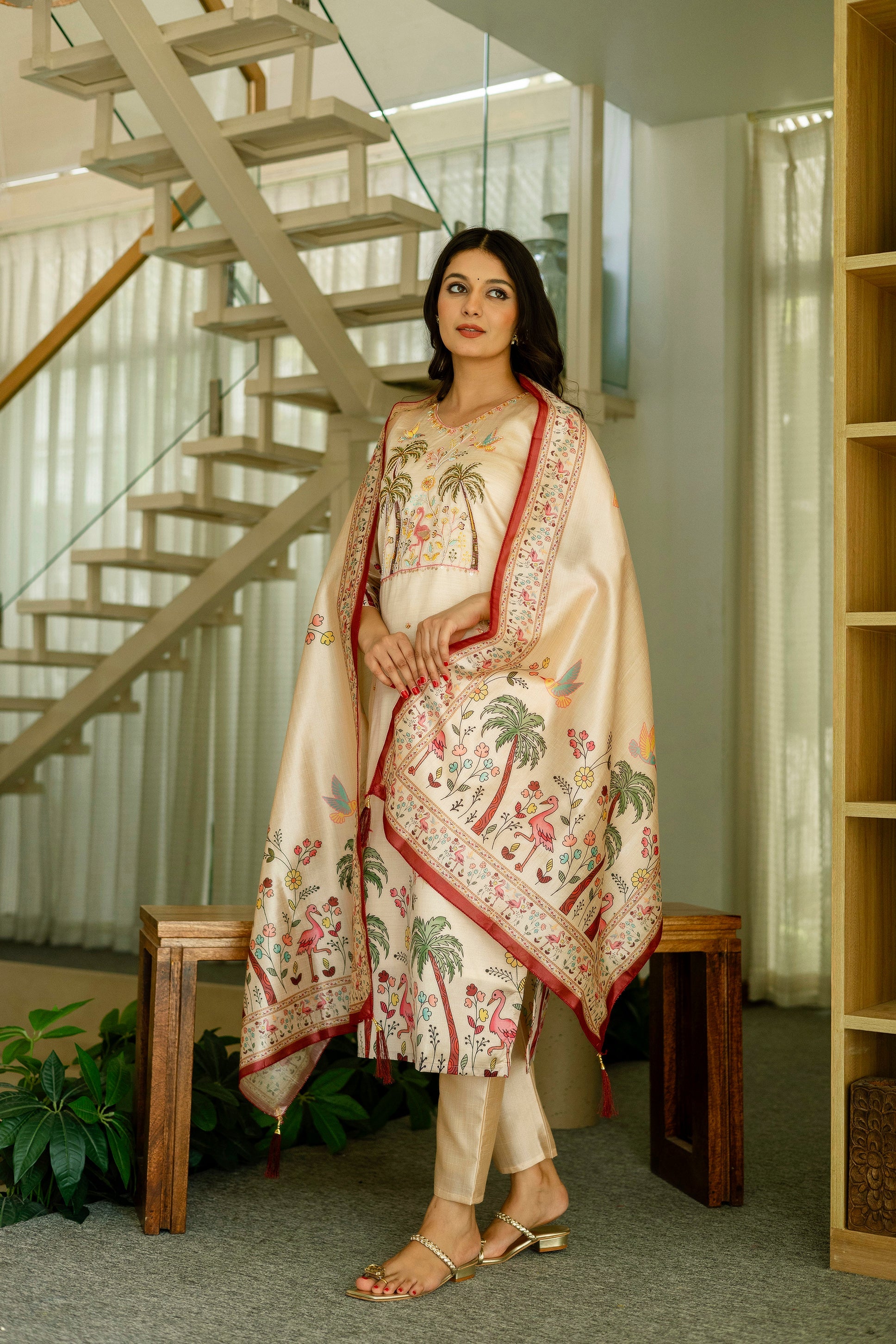 Elegant Cream Printed Kurta Pant Set with Designer Dupatta for Women