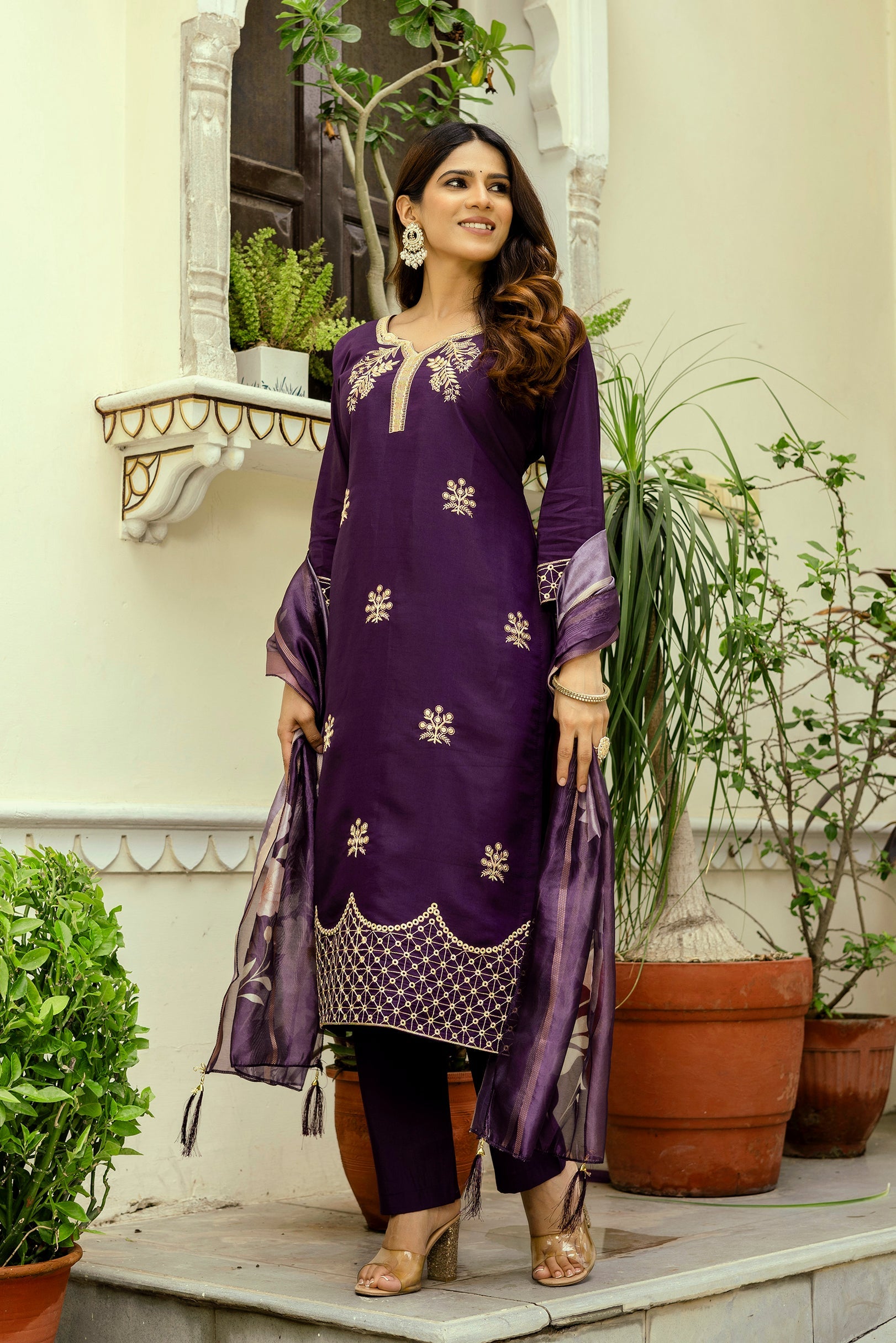 Wine Purple Embroidered Kurta Pant Set with Floral Organza Dupatta