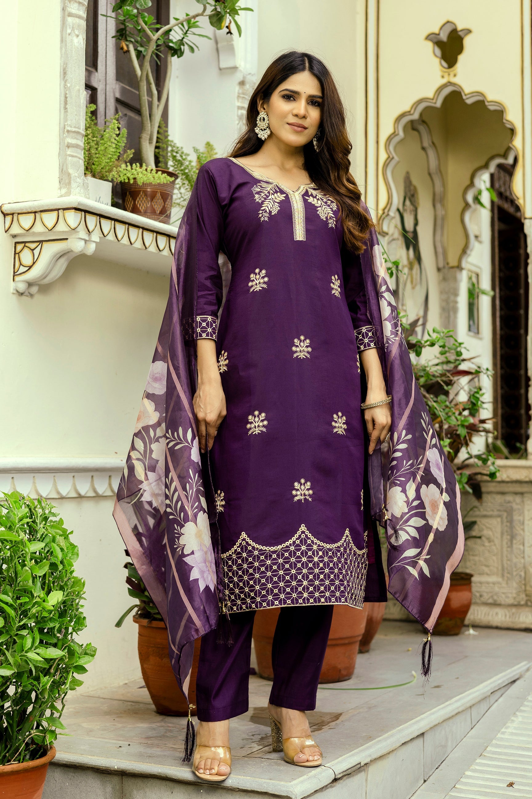 Wine Purple Embroidered Kurta Pant Set with Floral Organza Dupatta
