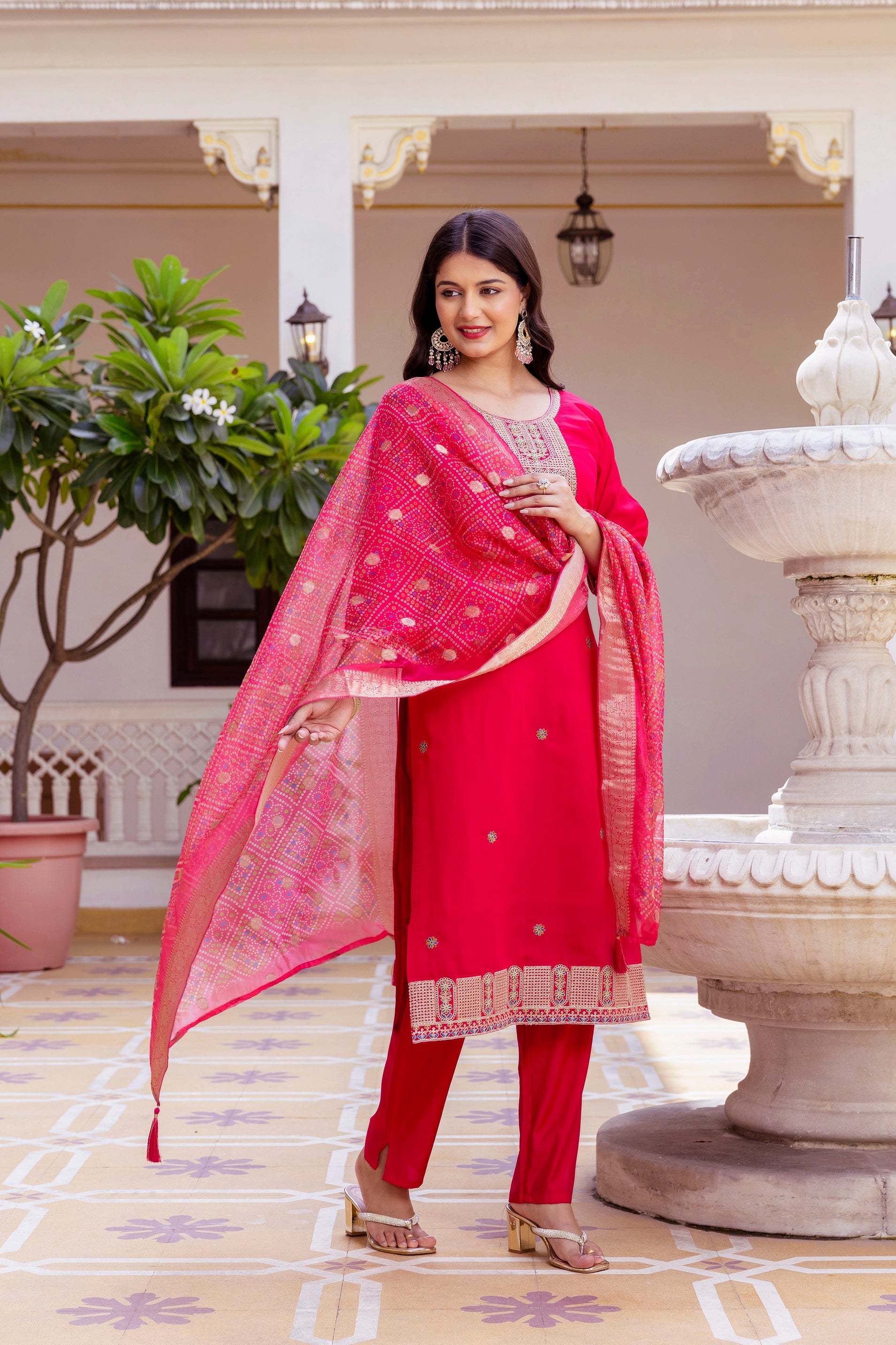 Rani Pink Embroidered Kurta Pant Set with Jacquard Dupatta