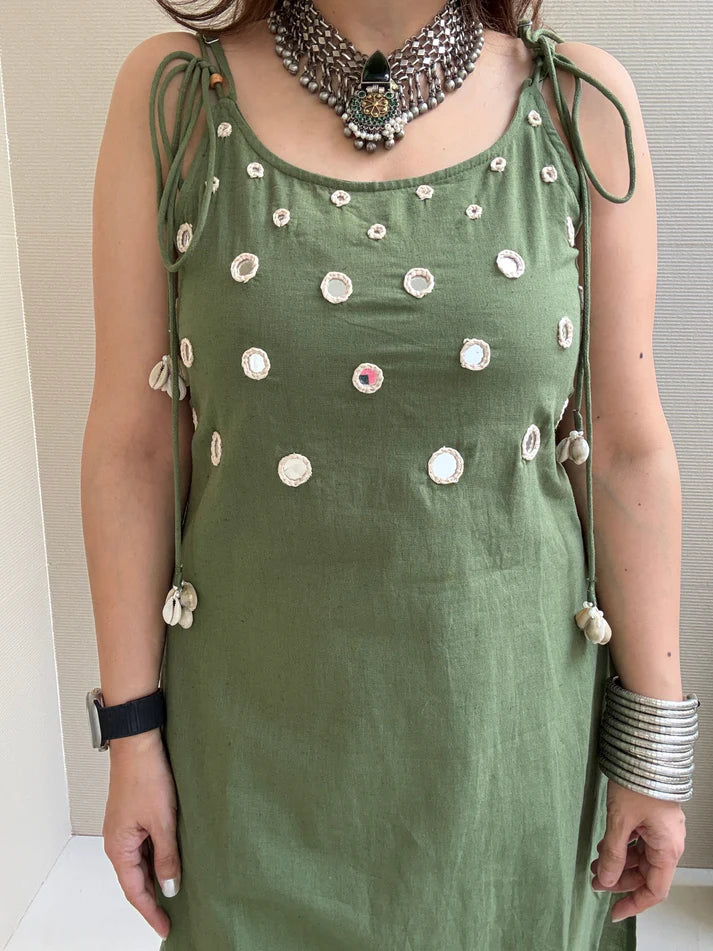 Olive Green Sleeveless Kurta Set with White Tassel Embellishments