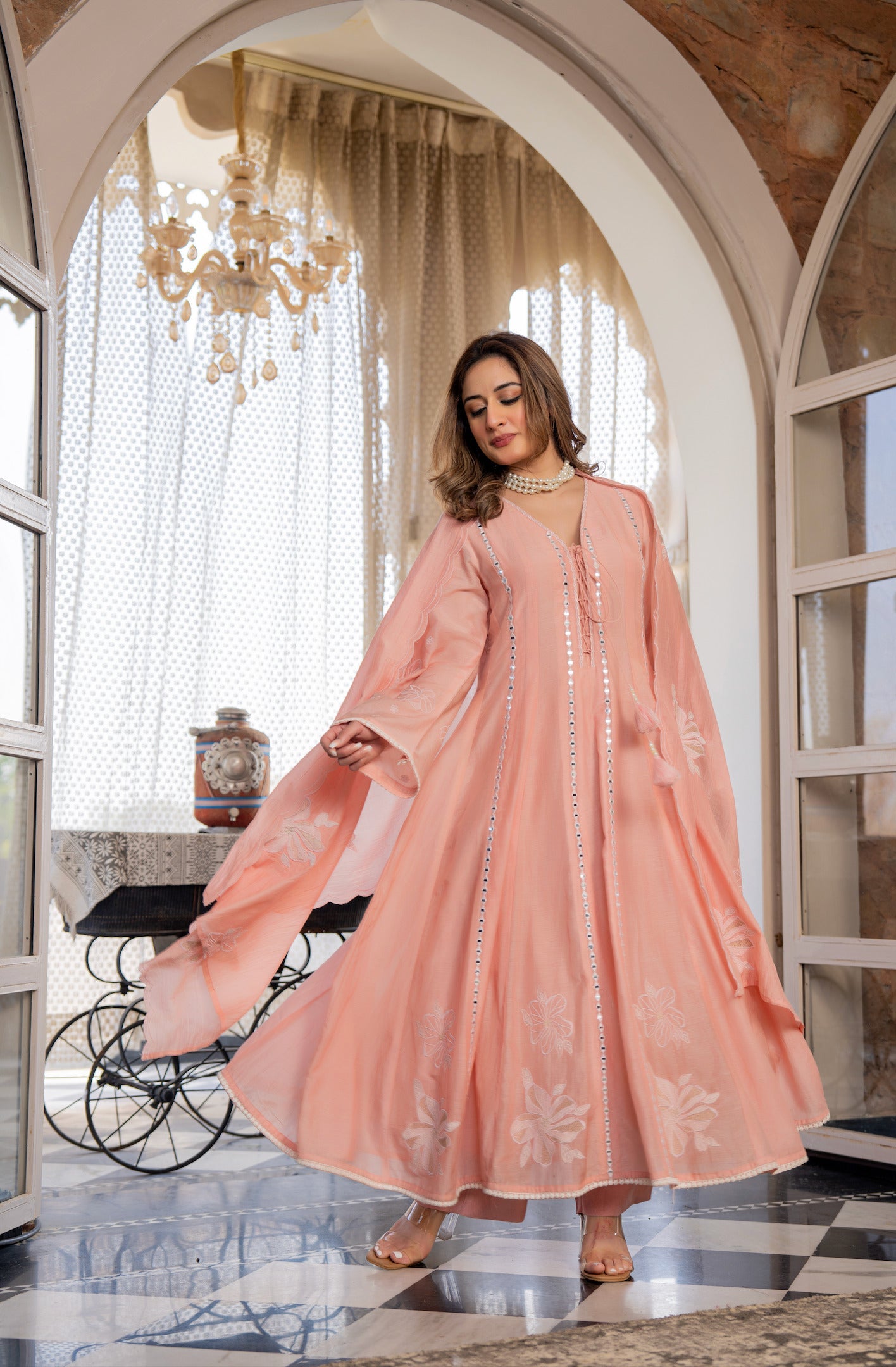 Peach Embroidered Anarkali Kurta Set with Dupatta