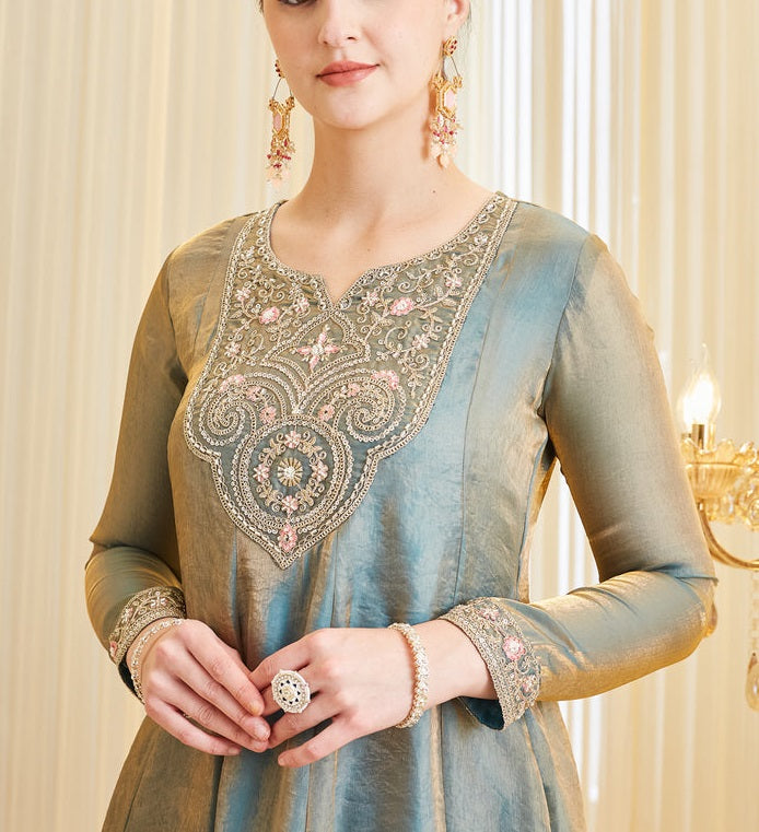 Sage Green Embroidered A-Line Kurta Palazzo Set with Dupatta
