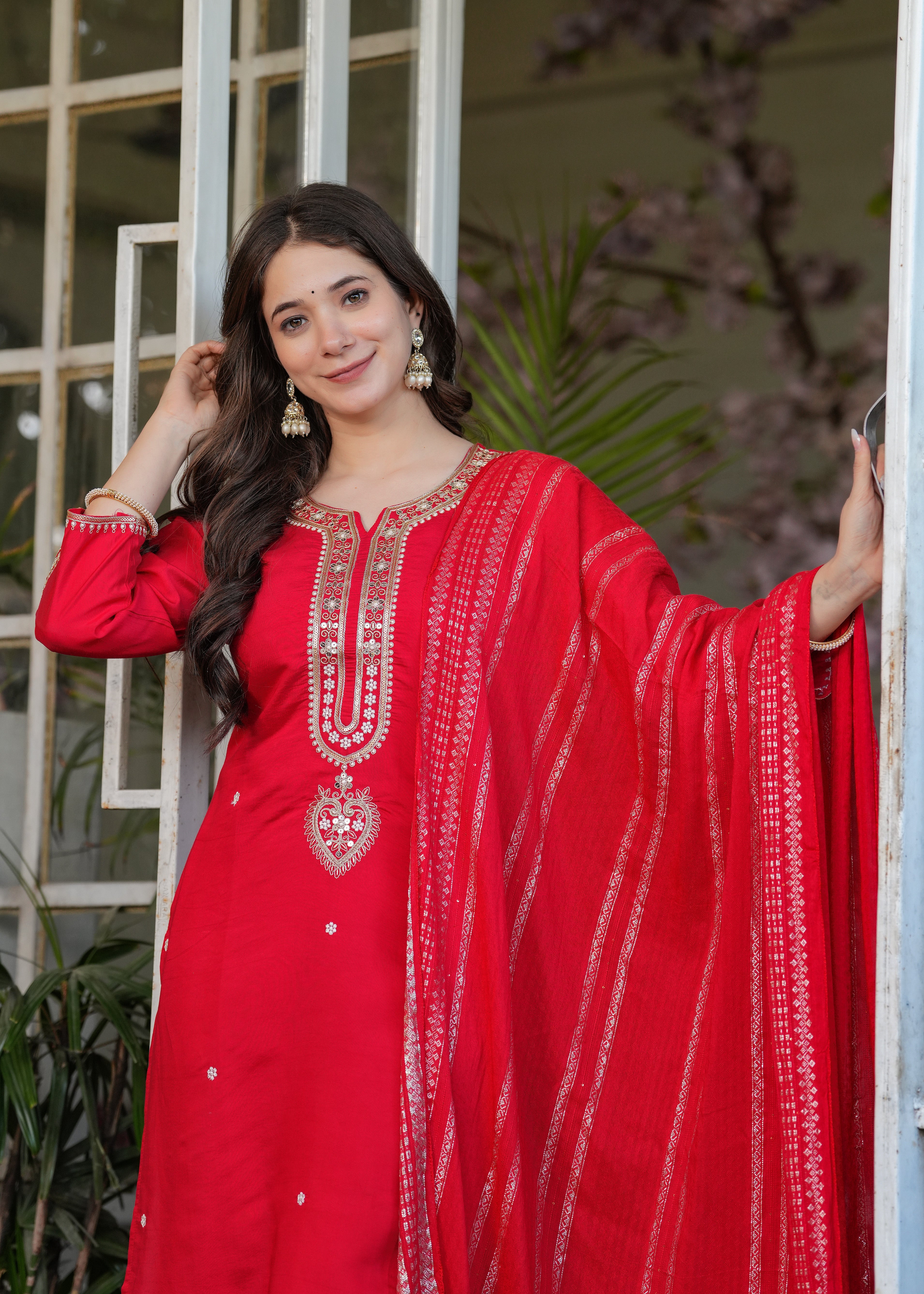 Elegant Red Embroidered Kurta Pant Set with Designer Dupatta for Women