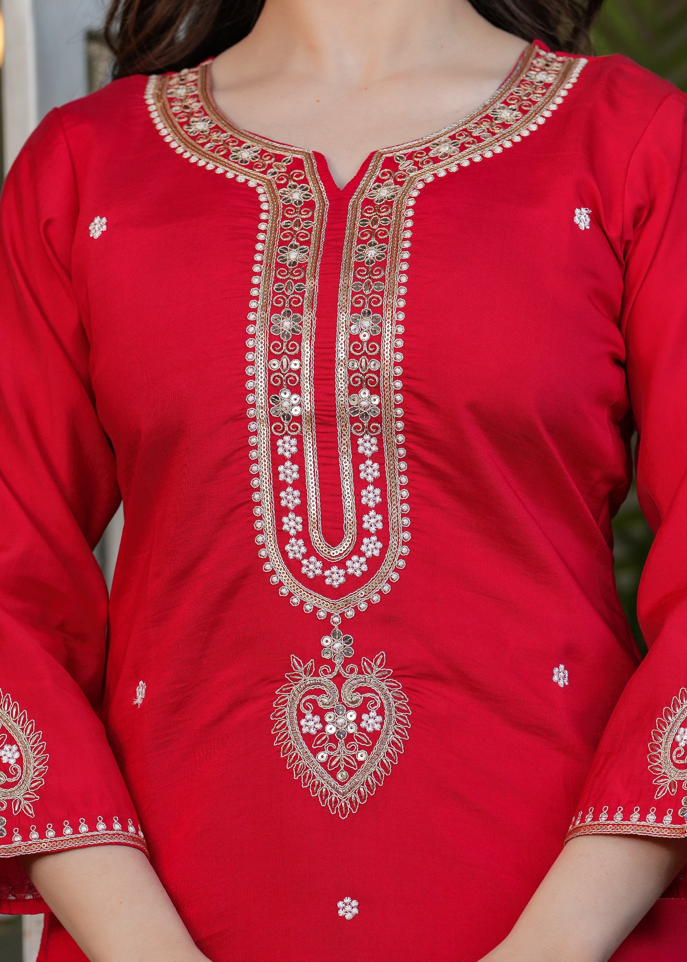 Elegant Red Embroidered Kurta Pant Set with Designer Dupatta for Women