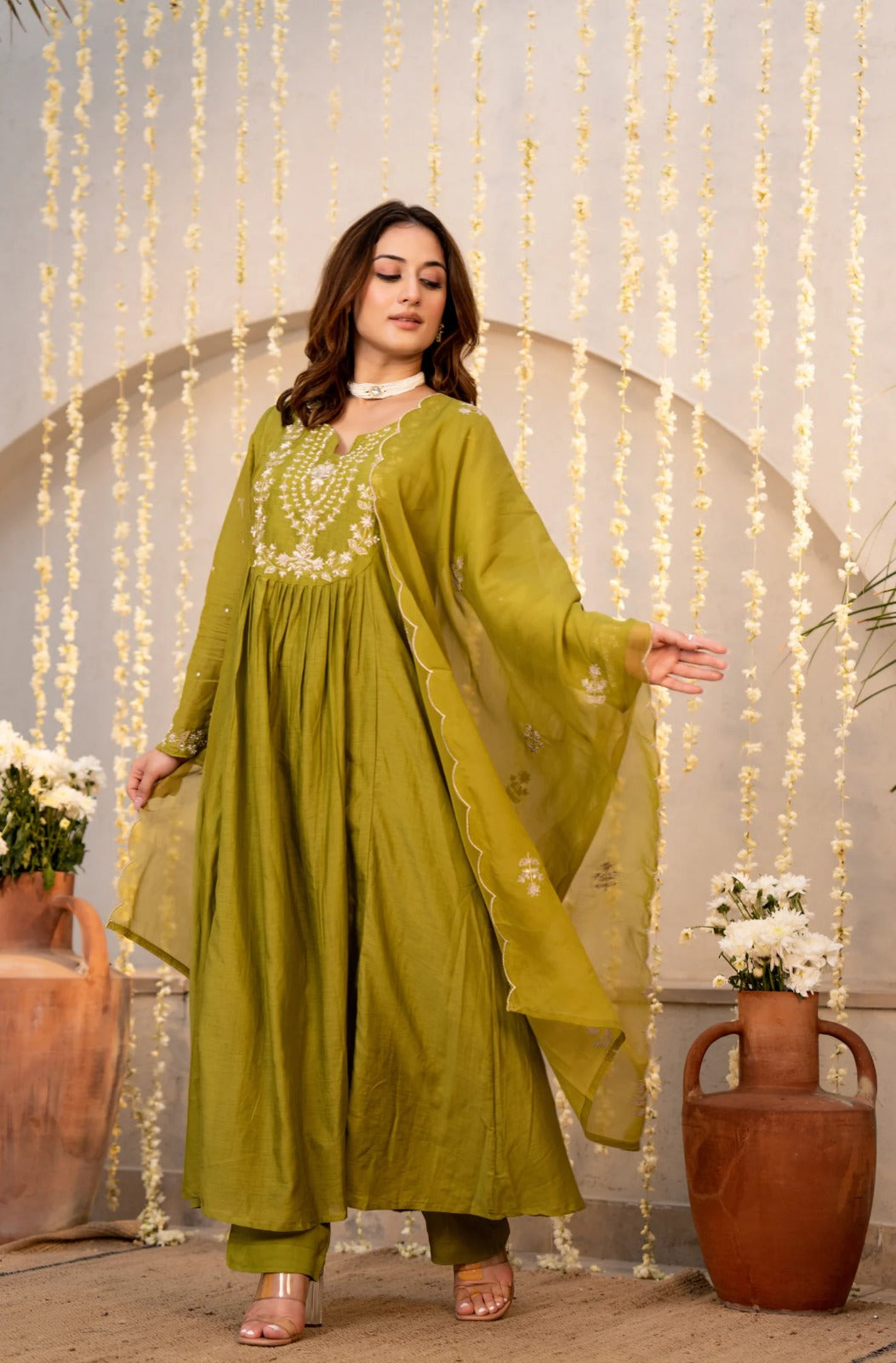 Elegant Olive Green Embroidered Anarkali Kurta Set with Dupatta for Women