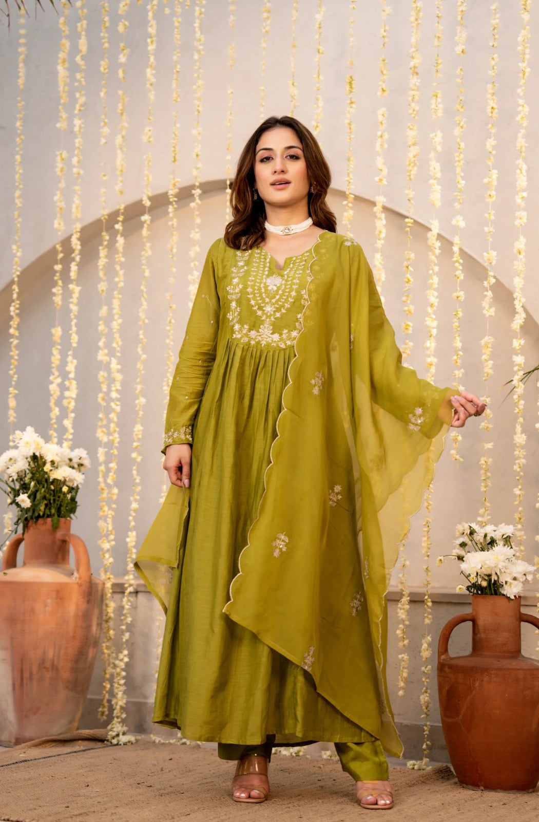 Elegant Olive Green Embroidered Anarkali Kurta Set with Dupatta for Women