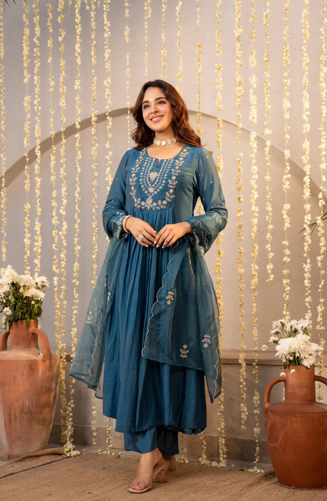 Elegant Blue Embroidered Anarkali Kurta Set with Dupatta for Women