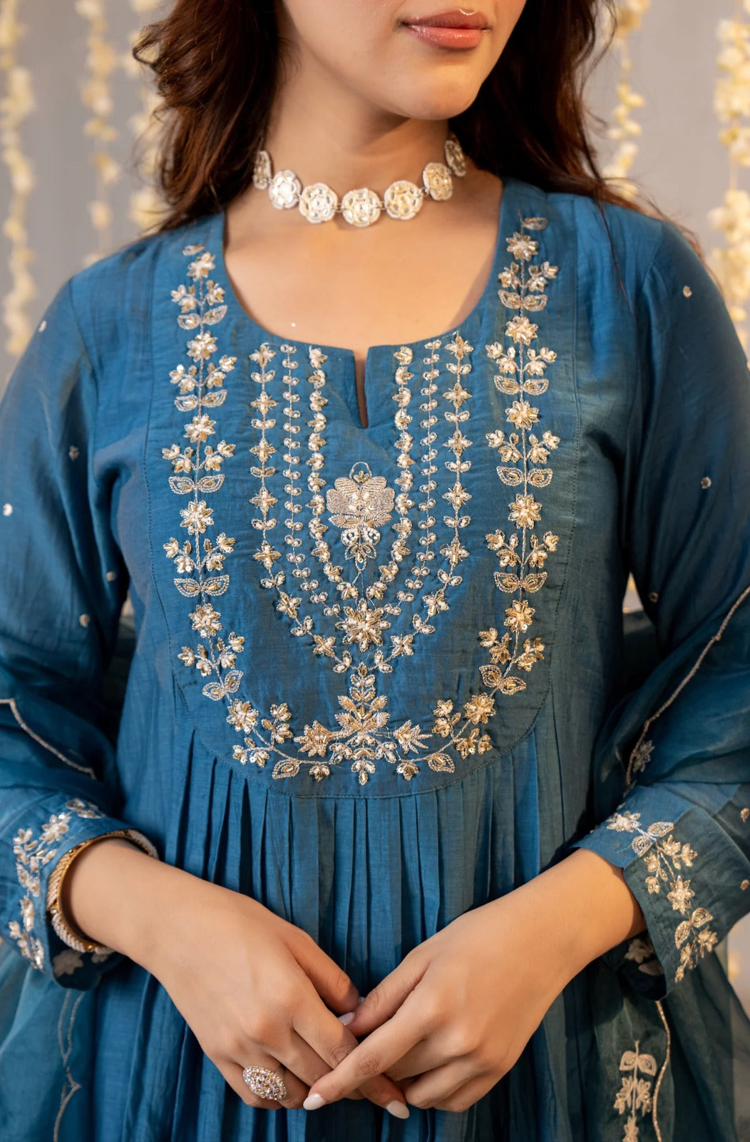 Elegant Blue Embroidered Anarkali Kurta Set with Dupatta for Women